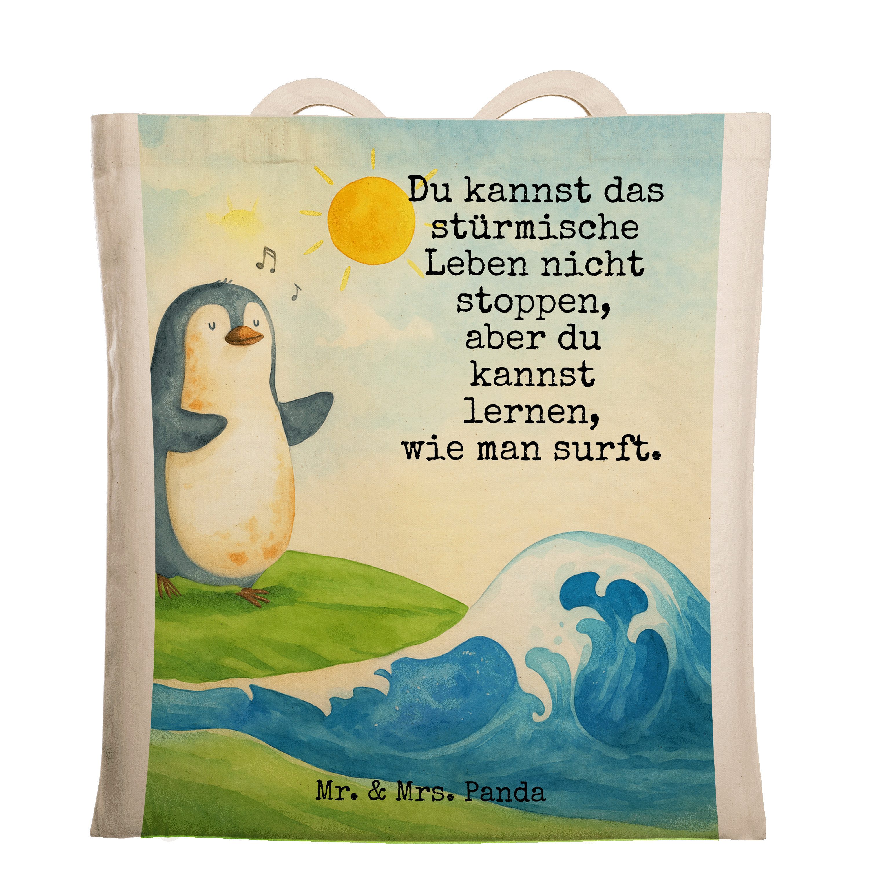 Tragetasche Pinguin Surfer Design, Tote Bag, Weiß, baumwoll shopper, Jutetasche