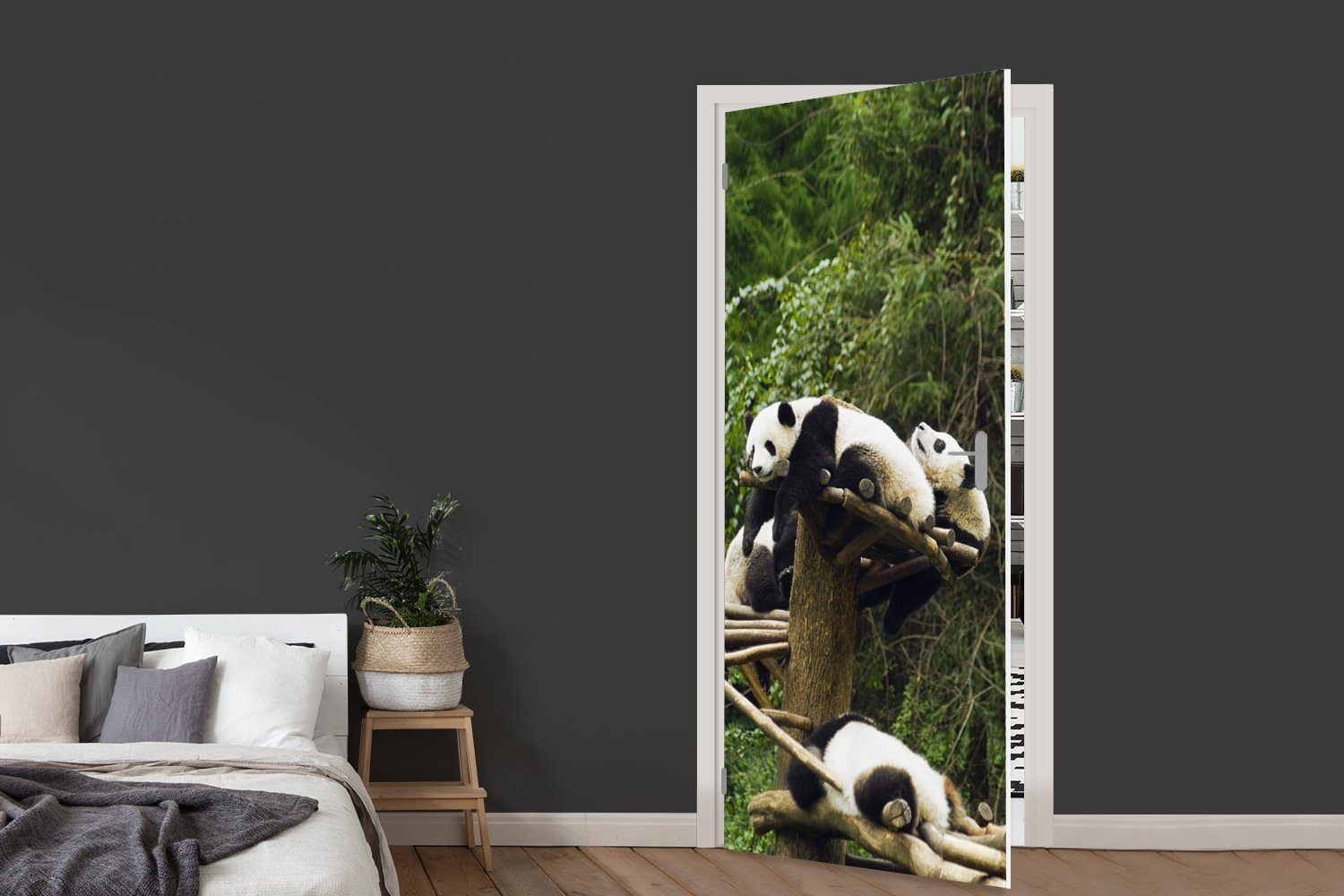 Tür, - bedruckt, Türaufkleber, Treppe, Fototapete 75x205 cm Pandas Holz Türtapete MuchoWow St), für - Matt, (1