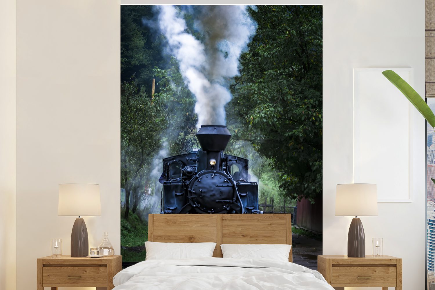 MuchoWow Fototapete Eine Dampflokomotive in den grünen Wäldern, Matt, bedruckt, (3 St), Montagefertig Vinyl Tapete für Wohnzimmer, Wandtapete