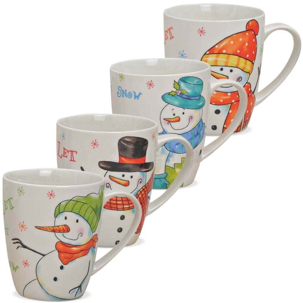 Tasse Weihnachtstassen 4er Set Schneemänner mit Spruch Let it snow