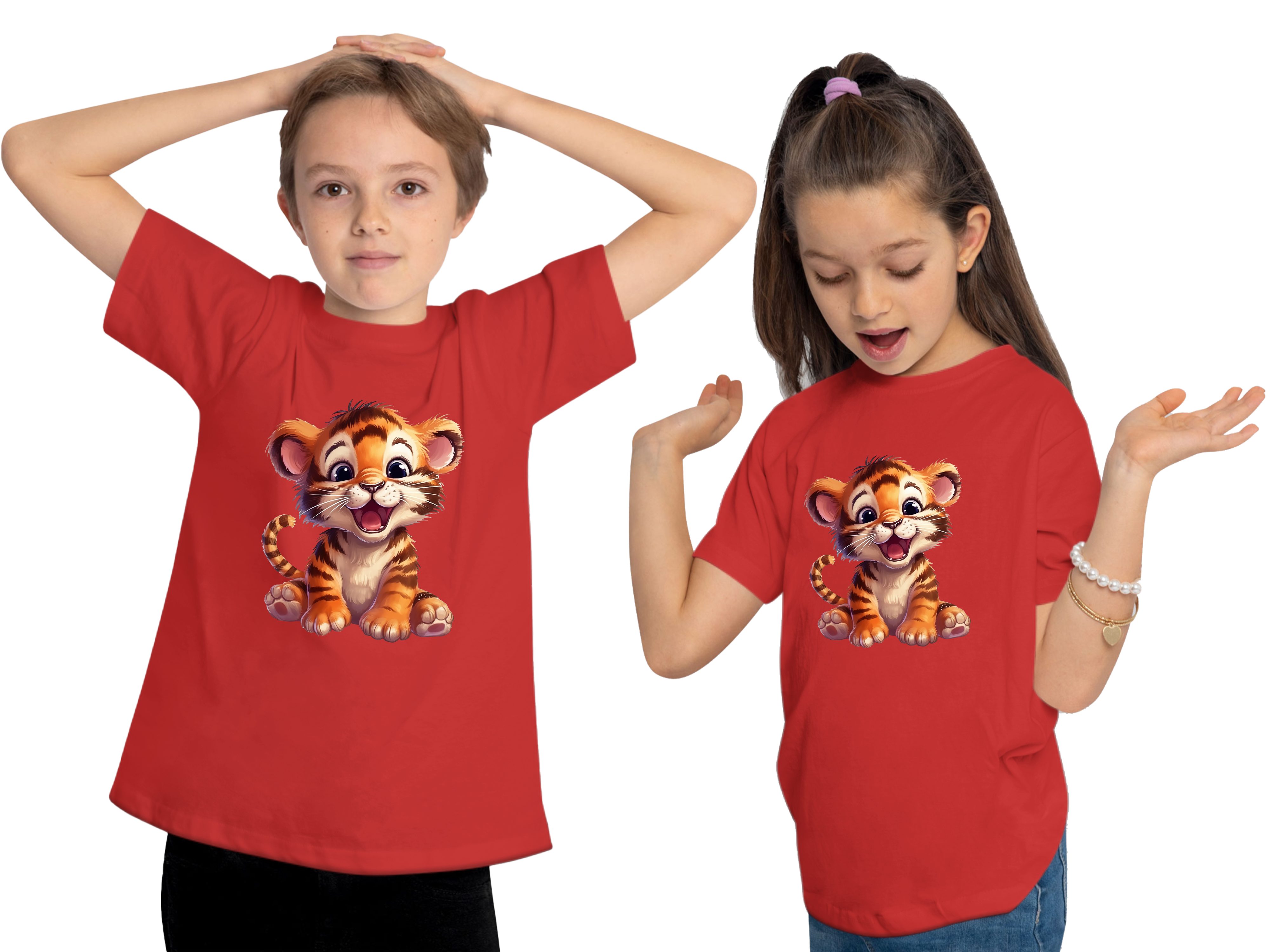 Wildtier Baumwollshirt Tiger Print T-Shirt Shirt Baby i266 Kinder bedruckt - rot mit Aufdruck, MyDesign24