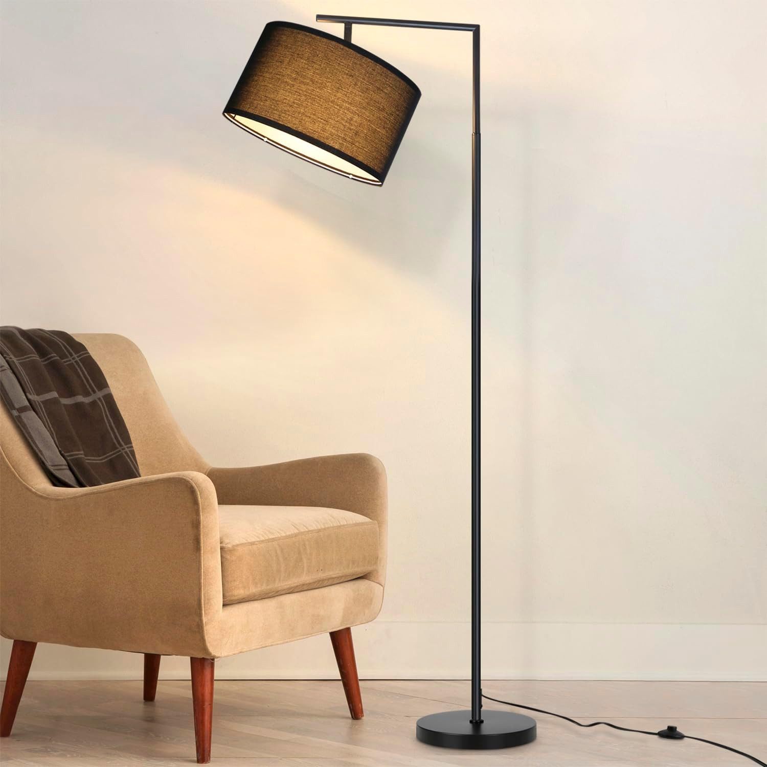Stehlampe Schwarz/Weiß Wohnzimmer Stoffschirm E27 Bogenlampe Leselampe