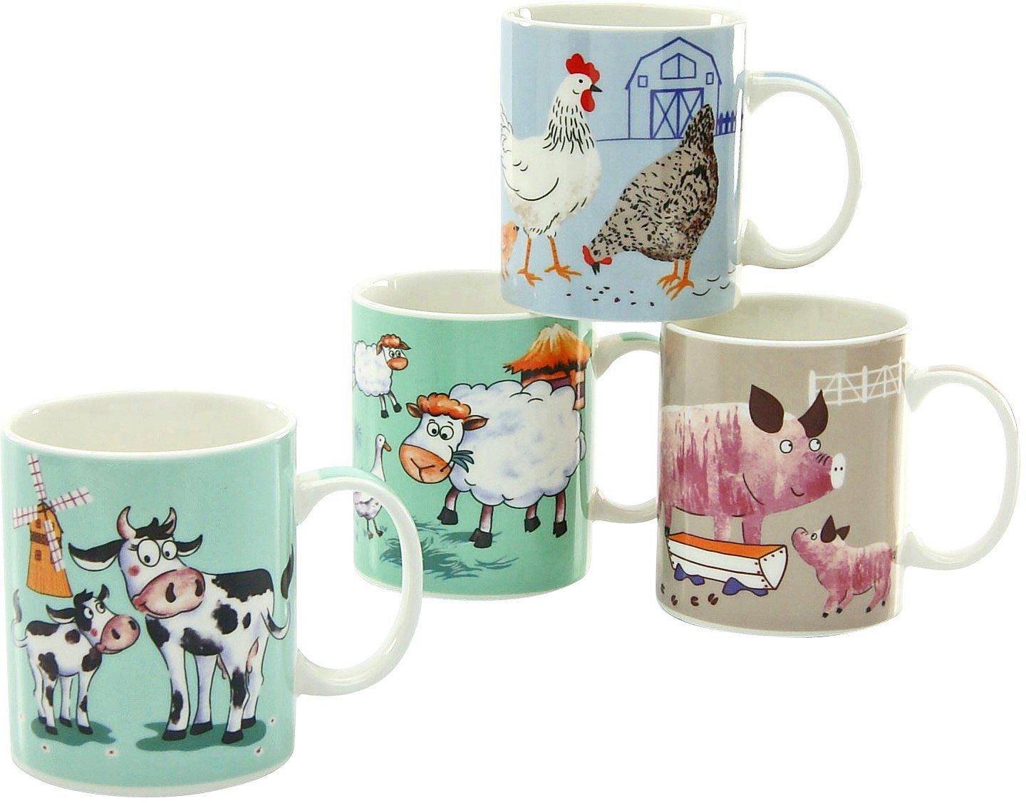 CreaTable Becher Kaffeebecher Farm Animals, New Bone China, ideal als Kinderbecher, Tassen Set, 4-teilig