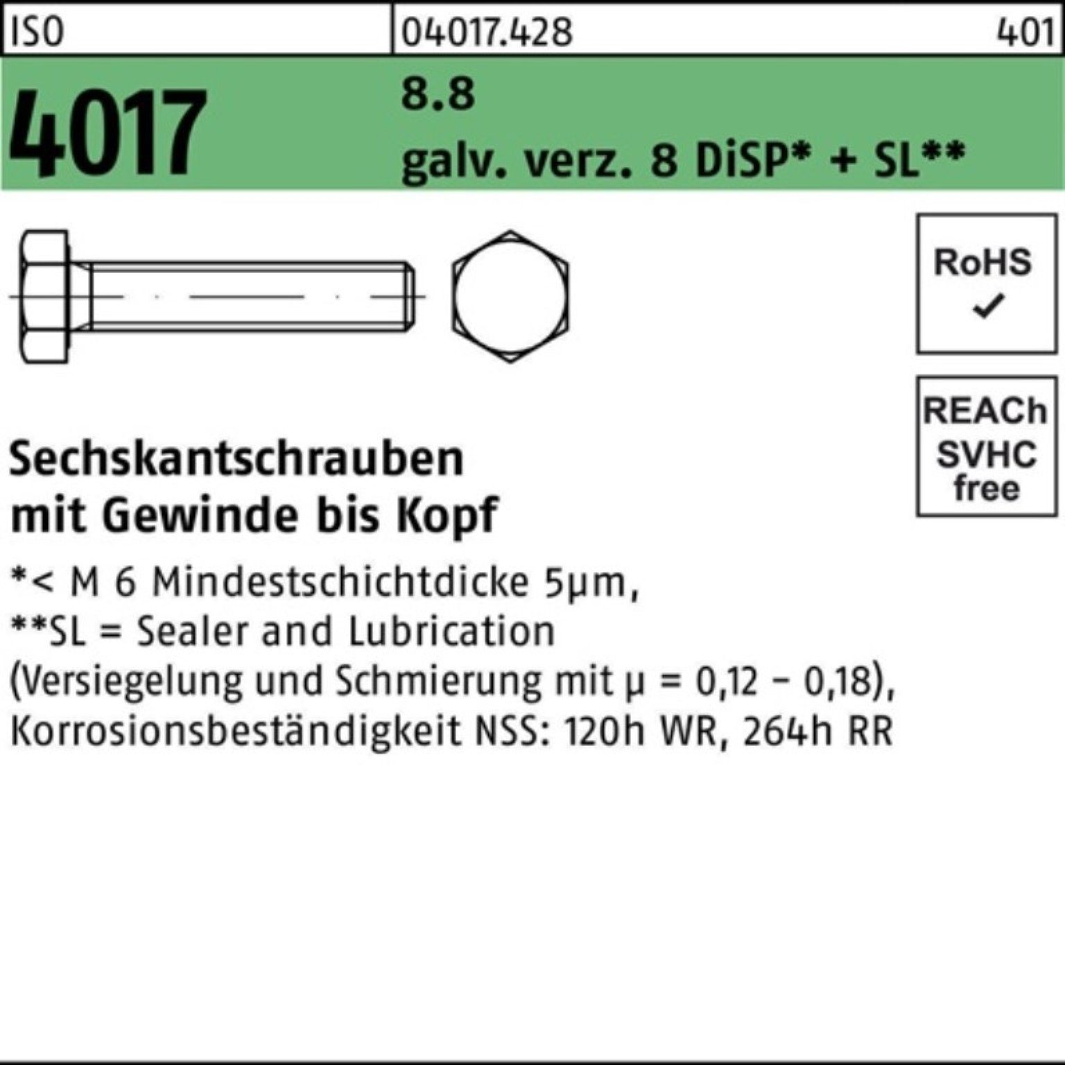 100er galv.verz. Bufab 8.8 ISO VG DiSP 55 4017 Sechskantschraube Sechskantschraube Pack 8 M10x