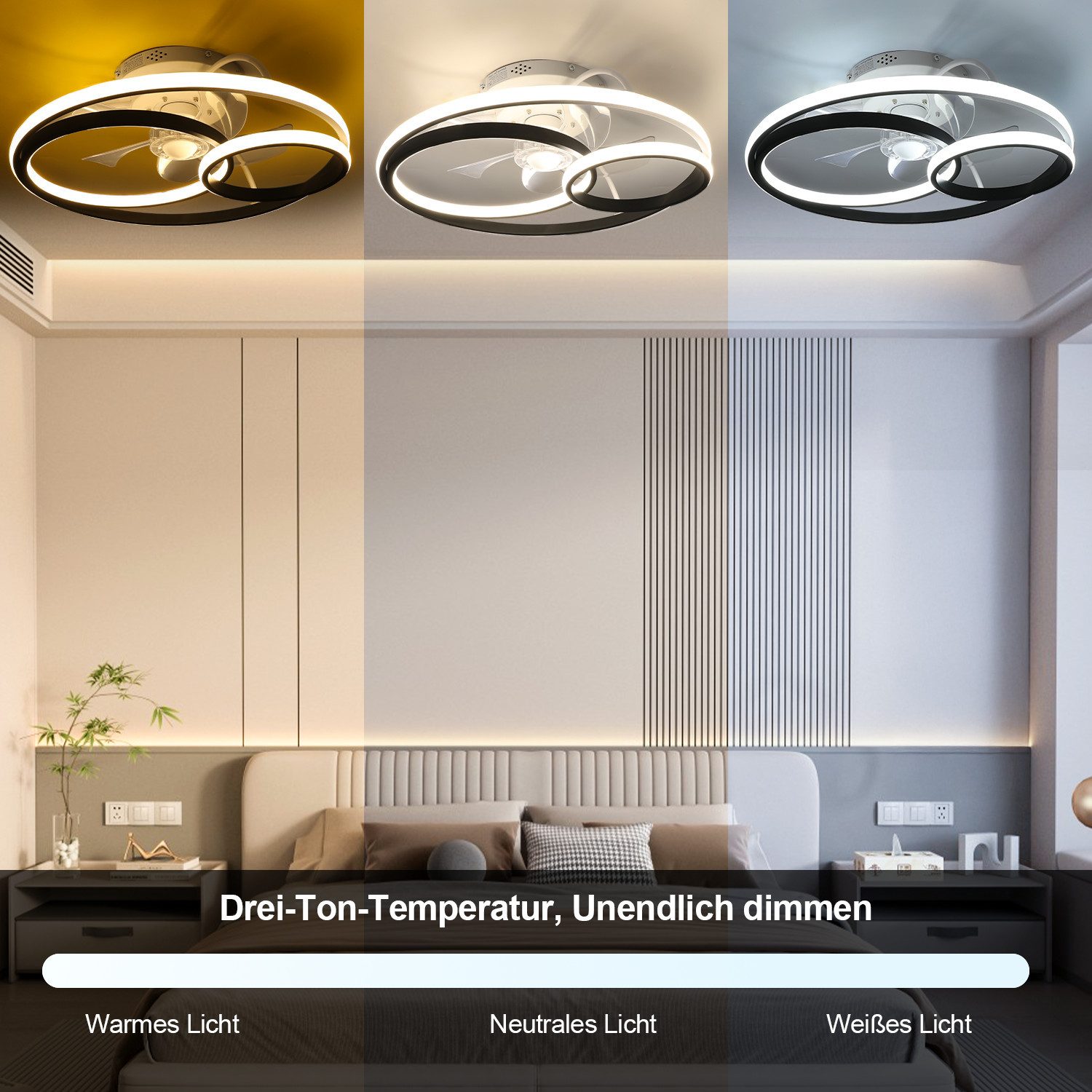 oyajia Deckenleuchte 55W Leise Deckenventilator mit Beleuchtung, 3-Ring-Deckenleuchte Timer, LED fest integriert, Warmweiß, Naturweiß, Kaltweiß, LED Deckenbeleuchtung mit Ventilator für Wohnzimmer Schlafzimmer Küche