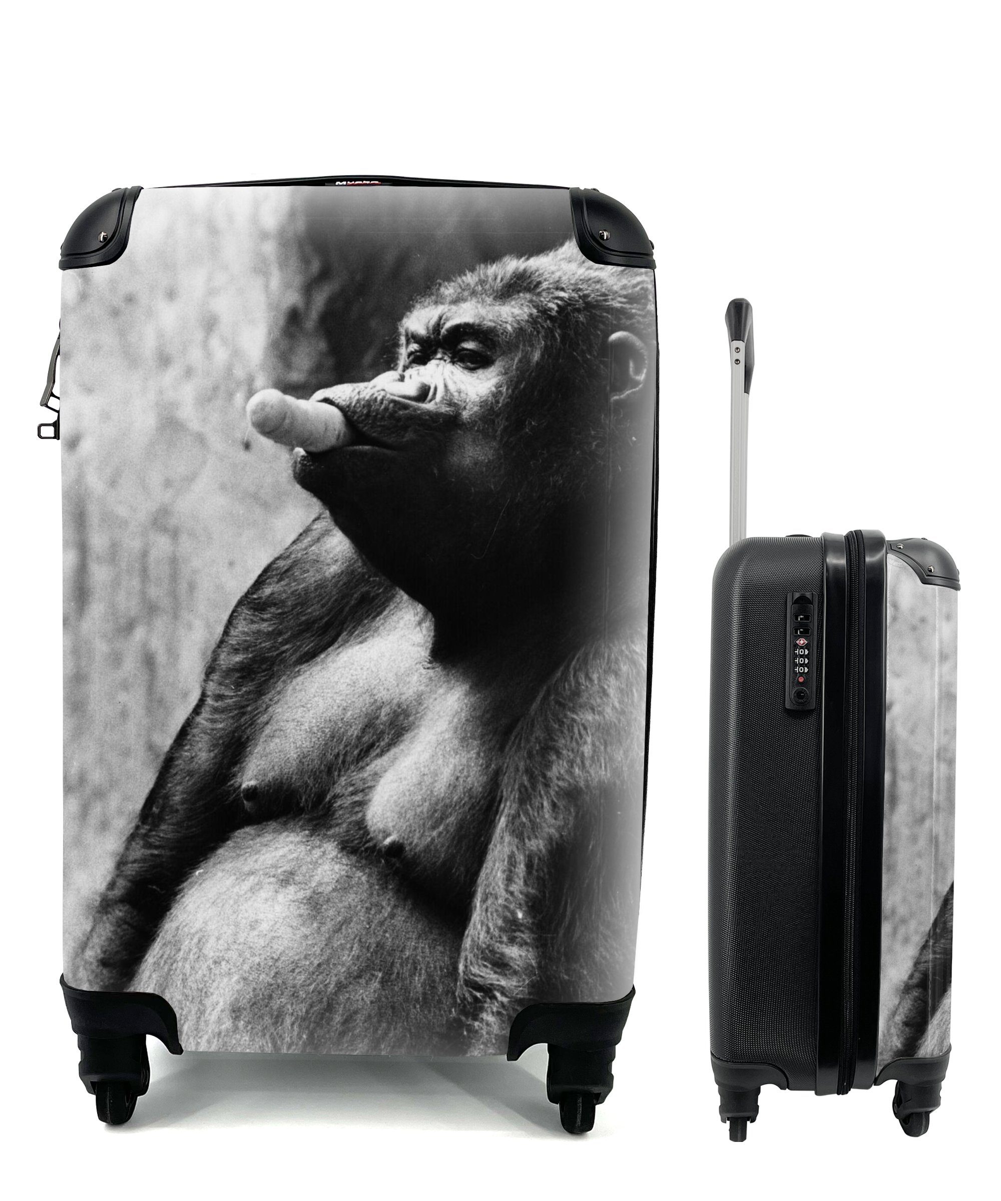 MuchoWow Handgepäckkoffer Ein Gorilla isst seine Banane auf eine besondere Art und Weise, 4 Rollen, Reisetasche mit rollen, Handgepäck für Ferien, Trolley, Reisekoffer