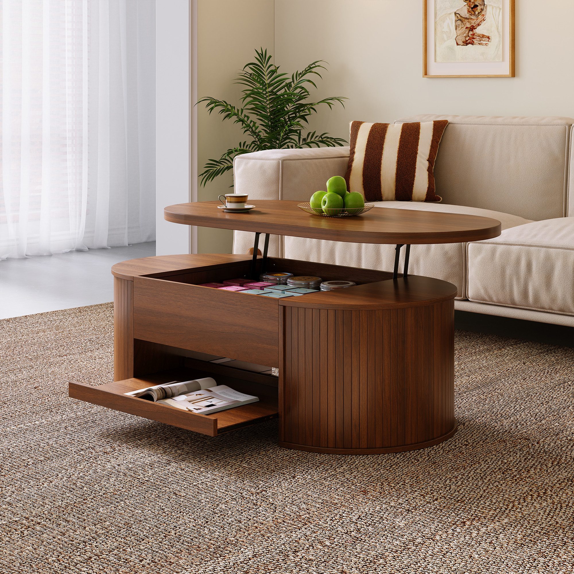 KLAM HOME Couchtisch Anhebbarer Couchtisch Nussbaum mit gebogenen Holzseiten (Multifunktionaler Wohnzimmertisch mit ausziehbarem Regal), Höhenverstellbarer Couc – Bild 5 von 5