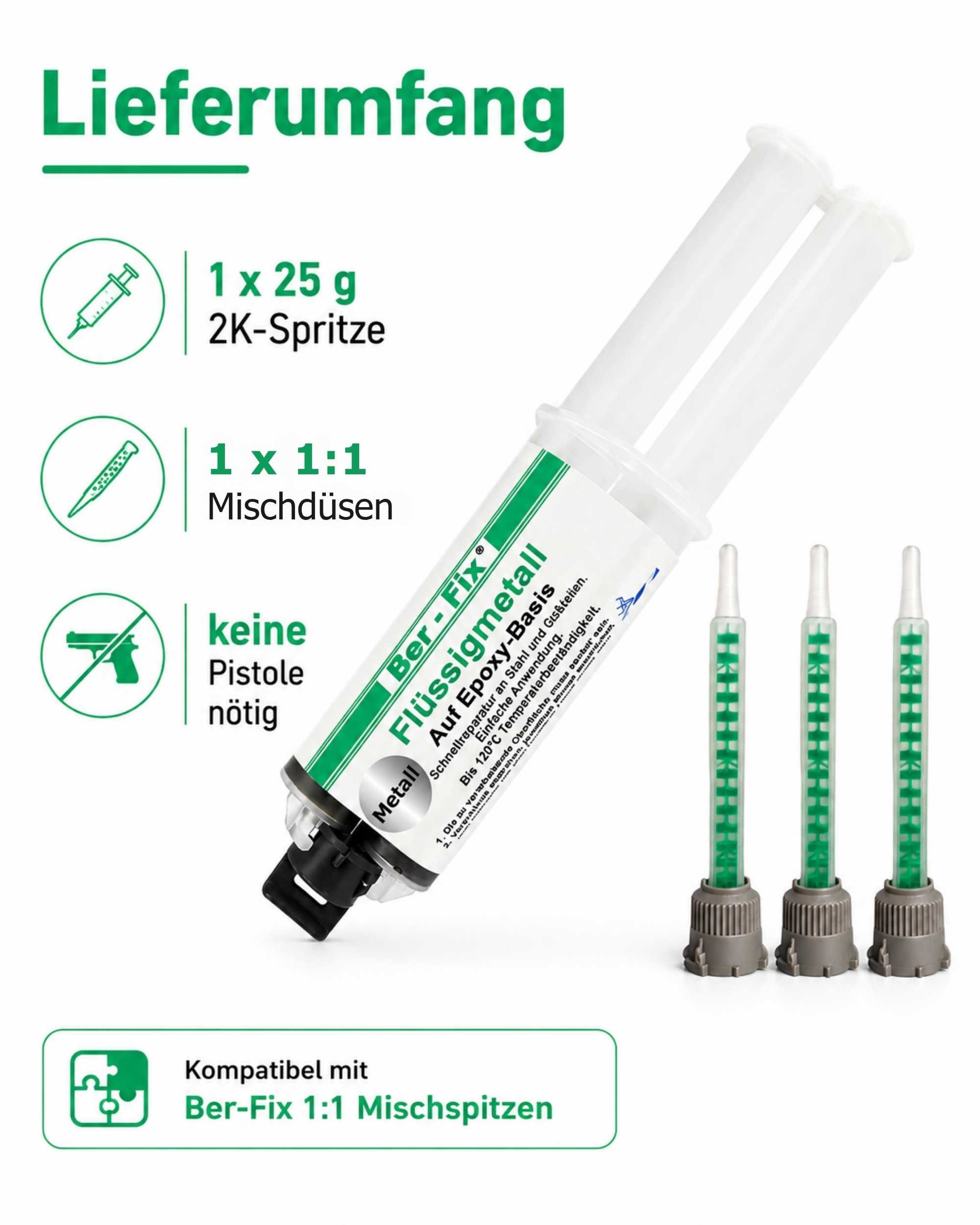 Ber-Fix 2-Komponentenkleber Ber-Fix® Flüssigmetall 25g, (2-tlg), metallgefüllt, spaltfüllend, hitzebeständig bis 120 °C