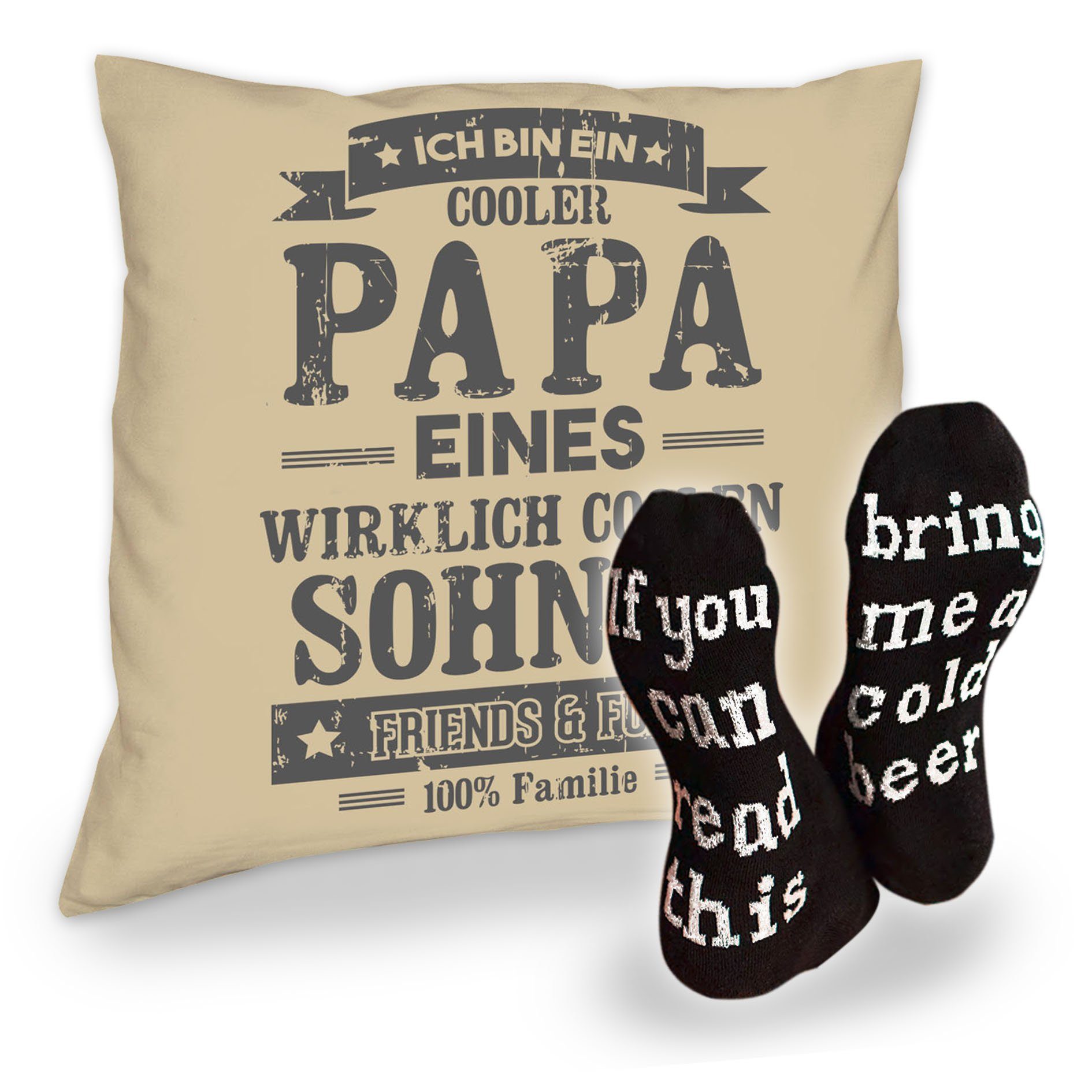 Soreso® Dekokissen Kissen Cooler Papa eines Sohnes und Socken mit Bier Spruch, Geschenk Geburstag Vatertag Weihnachten beige