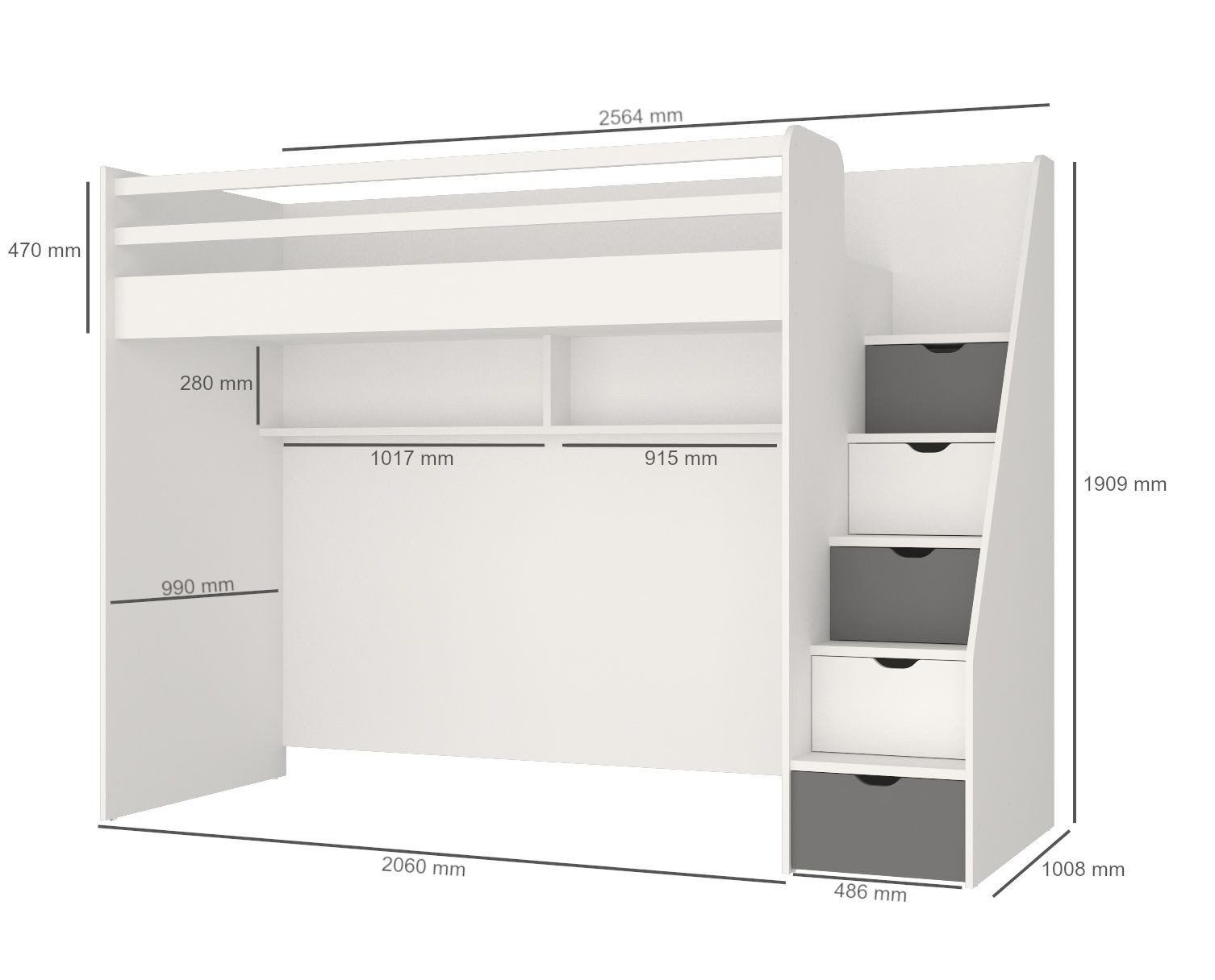 almila Hochbett Neo (1-St) mit Seitentreppe, Stauraum und Regal