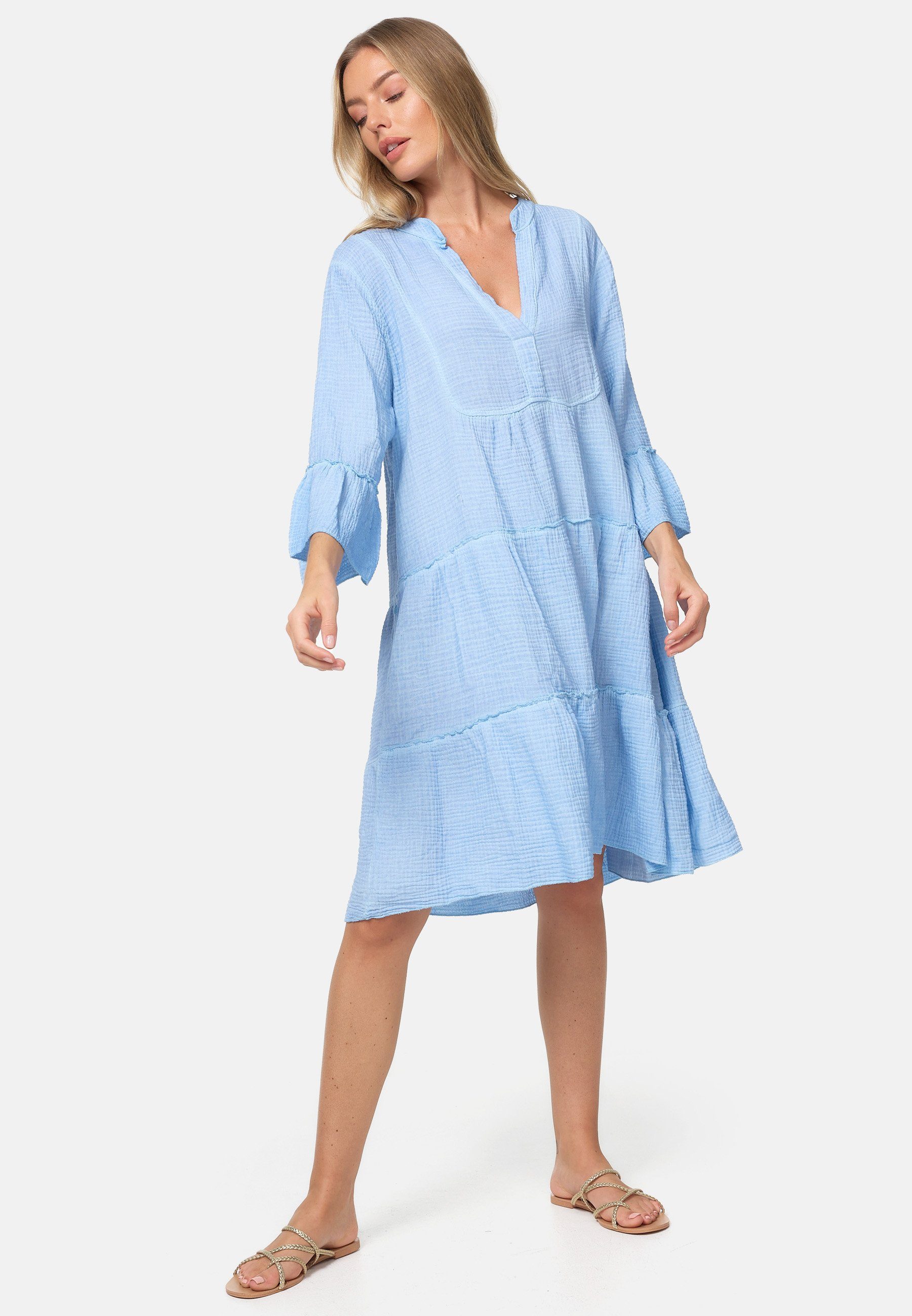 Rayshyne Sommerkleid PM39 (Leichtes Sommer Minikleid aus Musselin mit Rüschen) Musselin, Baumwolle, Rüschen, 3/4 Ärmel, Oversize – Bild 3 von 5