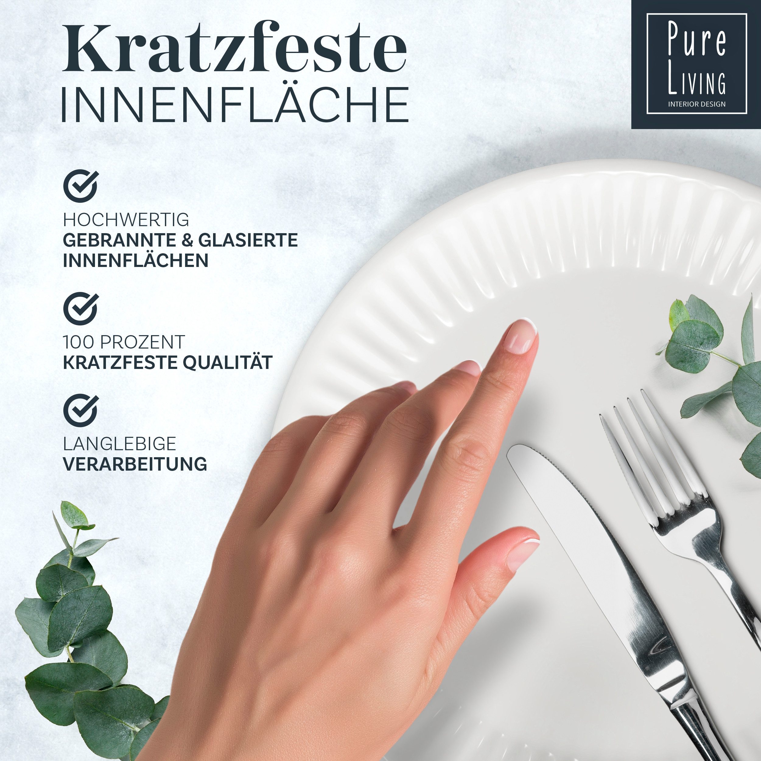 PURE LIVING INTERIOR DESIGN Geschirr-Set Hygge aus Steingut, 16-tlg., für 4 Personen, Hellgrau, 4 Personen, Steingut, Skandinavisches Design mit Riffelstruktur, Harmonische Farbgebung, Ma…