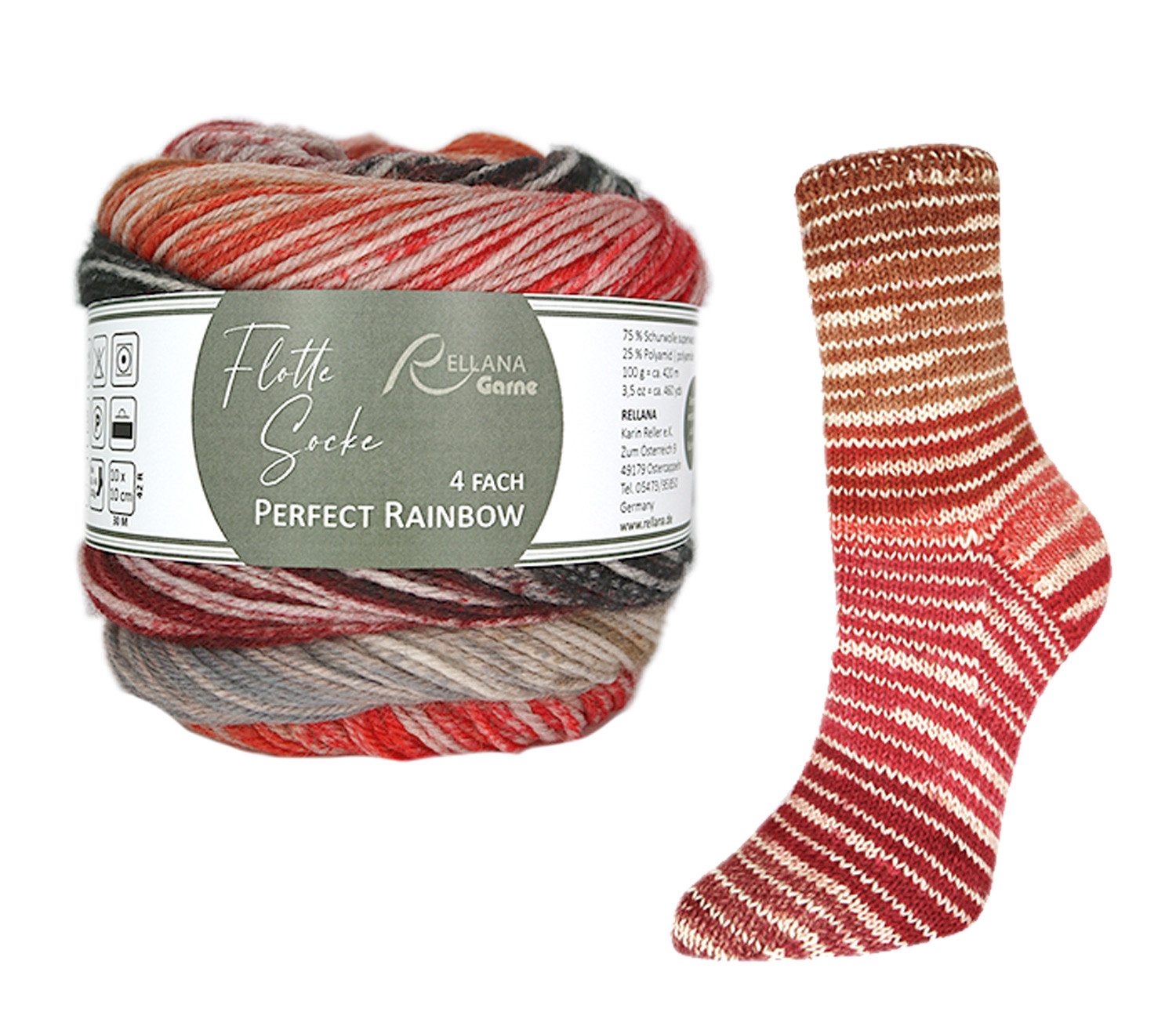 Rellana Flotte Socke 4-fach Pairfect Rainbow, Sockenwolle mit Farbverlauf Häkelwolle, 420 m (zwei gleiche Socken stricken, Strumpfwolle, Sockengarn, 4-fädig), 75% Wolle, 25% Polyamid