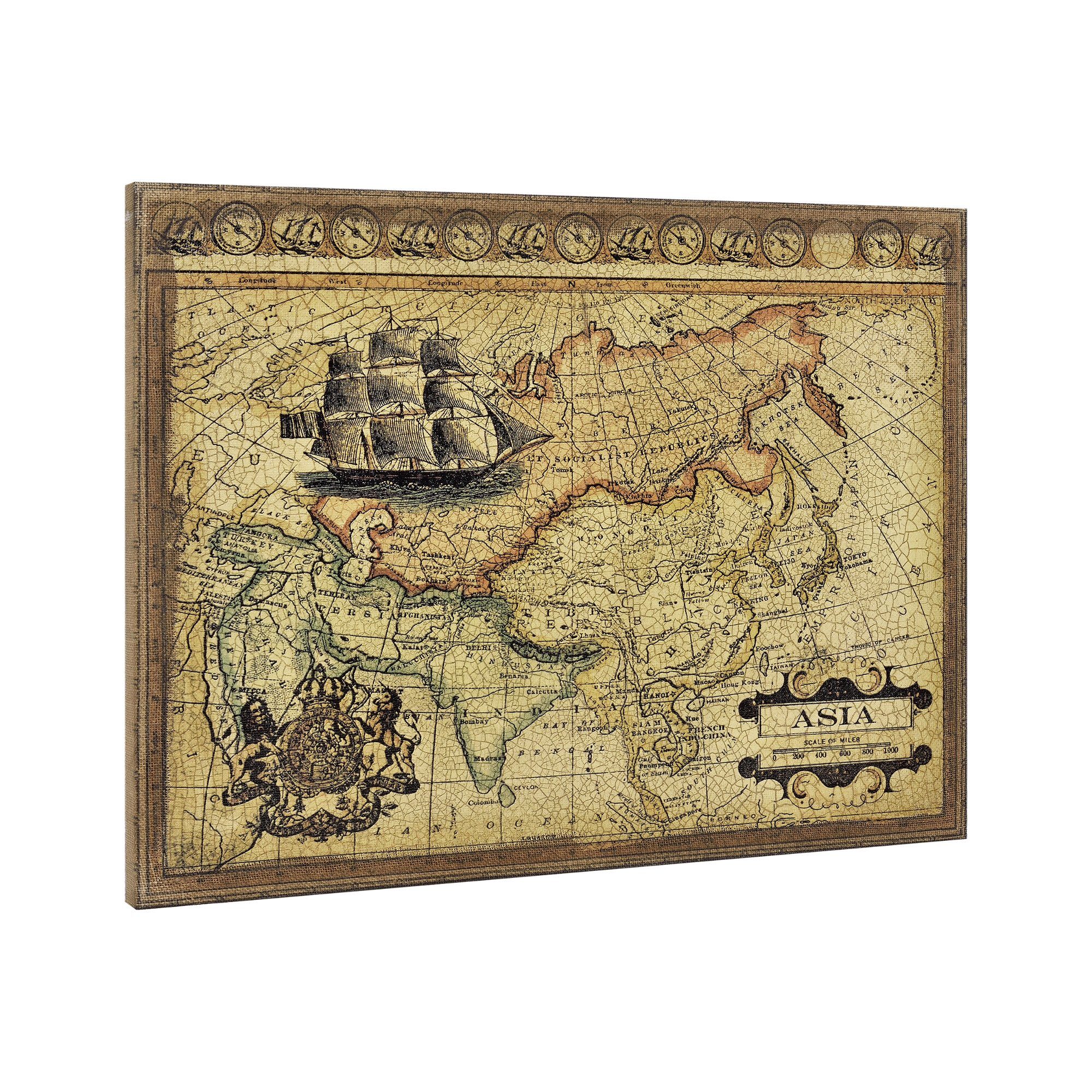 60 aus 80 Asien-Karte, Leinwandbild, Holz cm art.work Keilrahmen auf Asien-Karte x Leinwand Wandbild