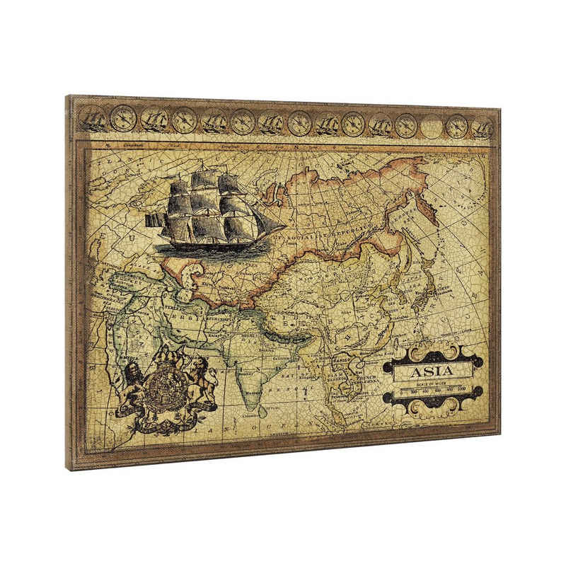 art.work Leinwandbild, Asien-Karte, Wandbild Asien-Karte auf Leinwand 80 x 60 cm Keilrahmen aus Holz