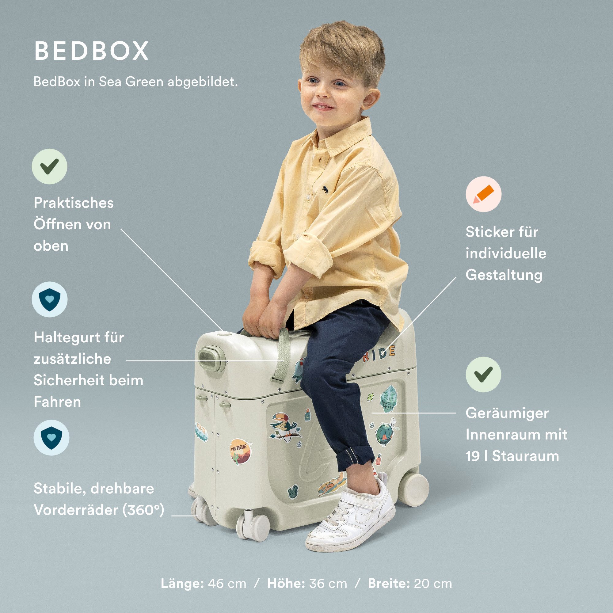 Stokke Kinderkoffer JetKids Reiseset - Enthält Aufsitzkoffer & Bordbett + Crew Backpack, 4 Rollen, Ideal für kurze und lange Reisen