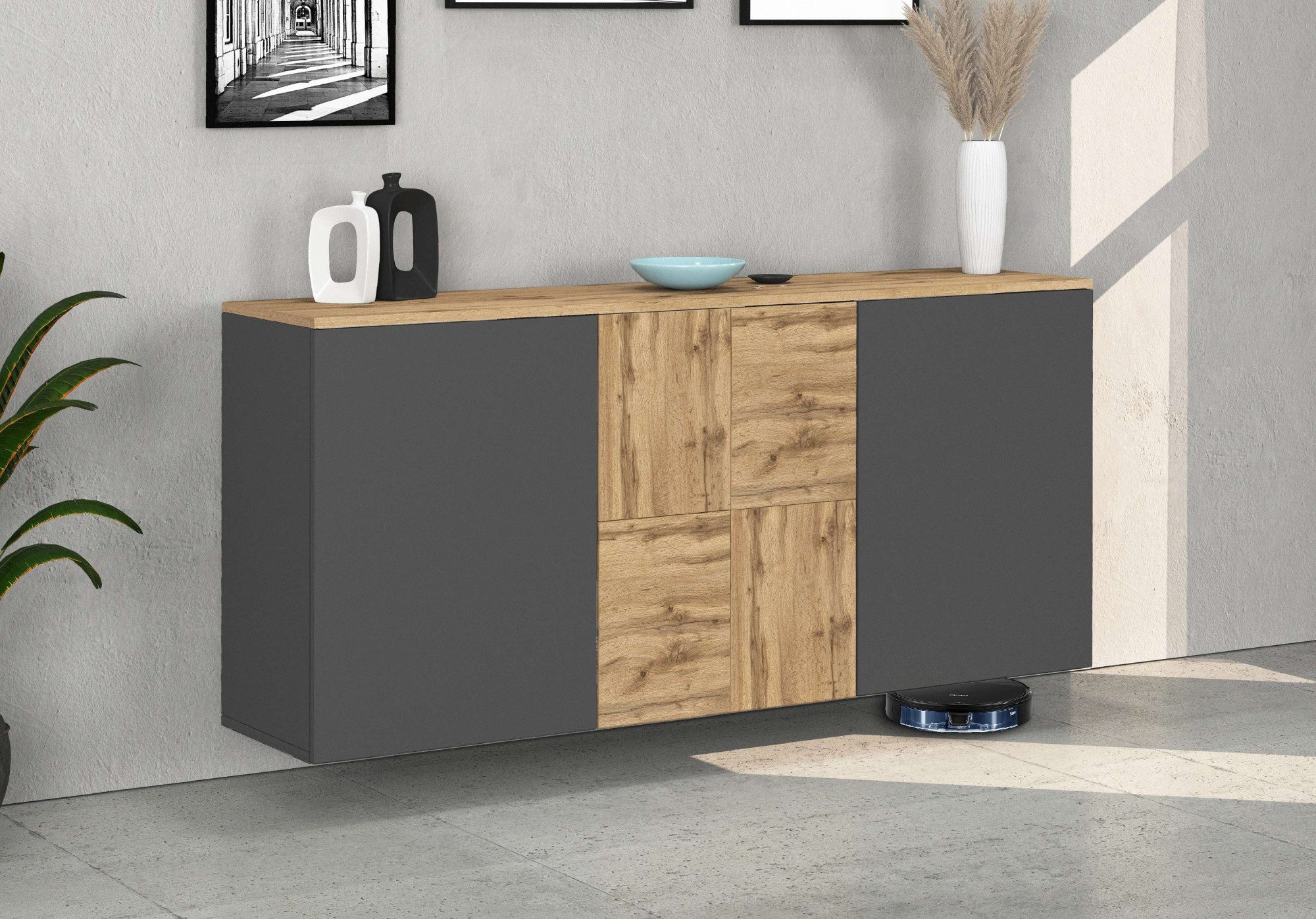 OTTO home Sideboard ISEO, Kommode, Schrank, Sideboard, Lowboard, 6 Fächer, Breite 150 cm (1 St), stehend/hängend, 3 Türen, 6 Fächer, Breite 150 cm