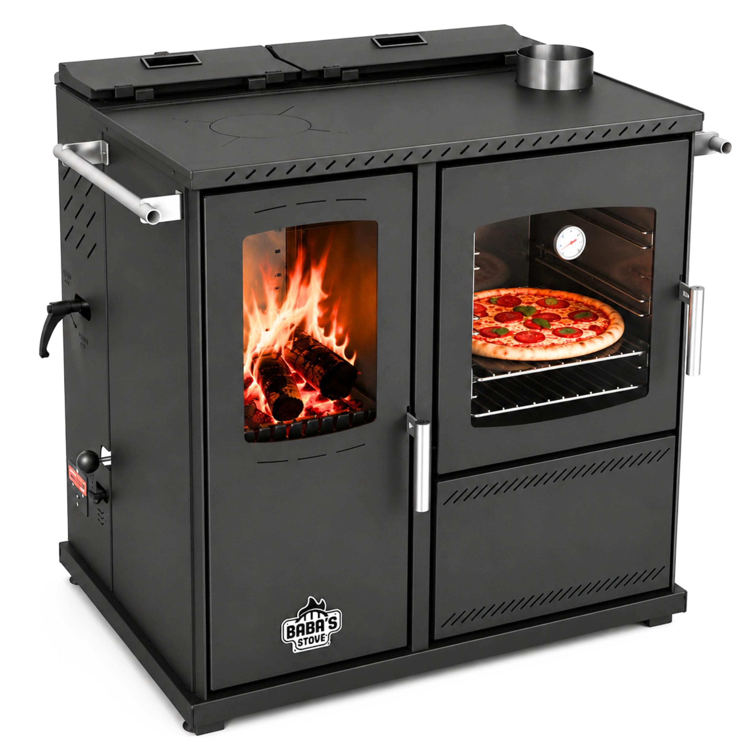 Baba's Kaminofen Hybridofen Pellets und Holz Kombiofen mit Backfach mit Herdplatte, 10 kW, Dauerbrand, Dauerbrandofen, Pelletofen ohne Strom Holzofen Holz Ofen Kamin