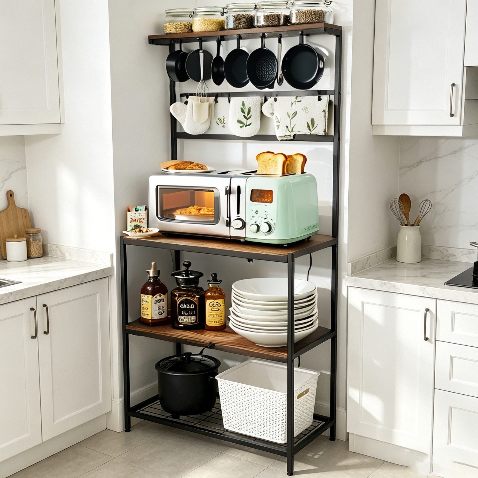 BIGTREE Standregal Küchenregal mit 4 Ablagen,7 Haken,Mikrowellen-Regal 80 x 40 x 170 cm