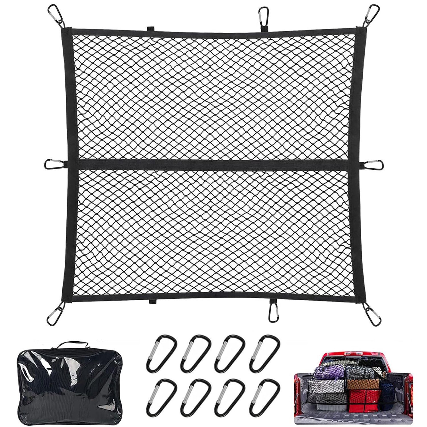 PRIISF Autoplane Hochelastisches Gepäcknetz Kofferraumnetz Spanngurt LKW Auto Organizer (120x120cm dehnbar bis 210x210cm mit 8 Stahlkarabinern, Gepäck Trenn Ladungssicherung Einlagige), fürs große SUVs, Transporter, Busse, Vans, Fahrrad, Motorrad