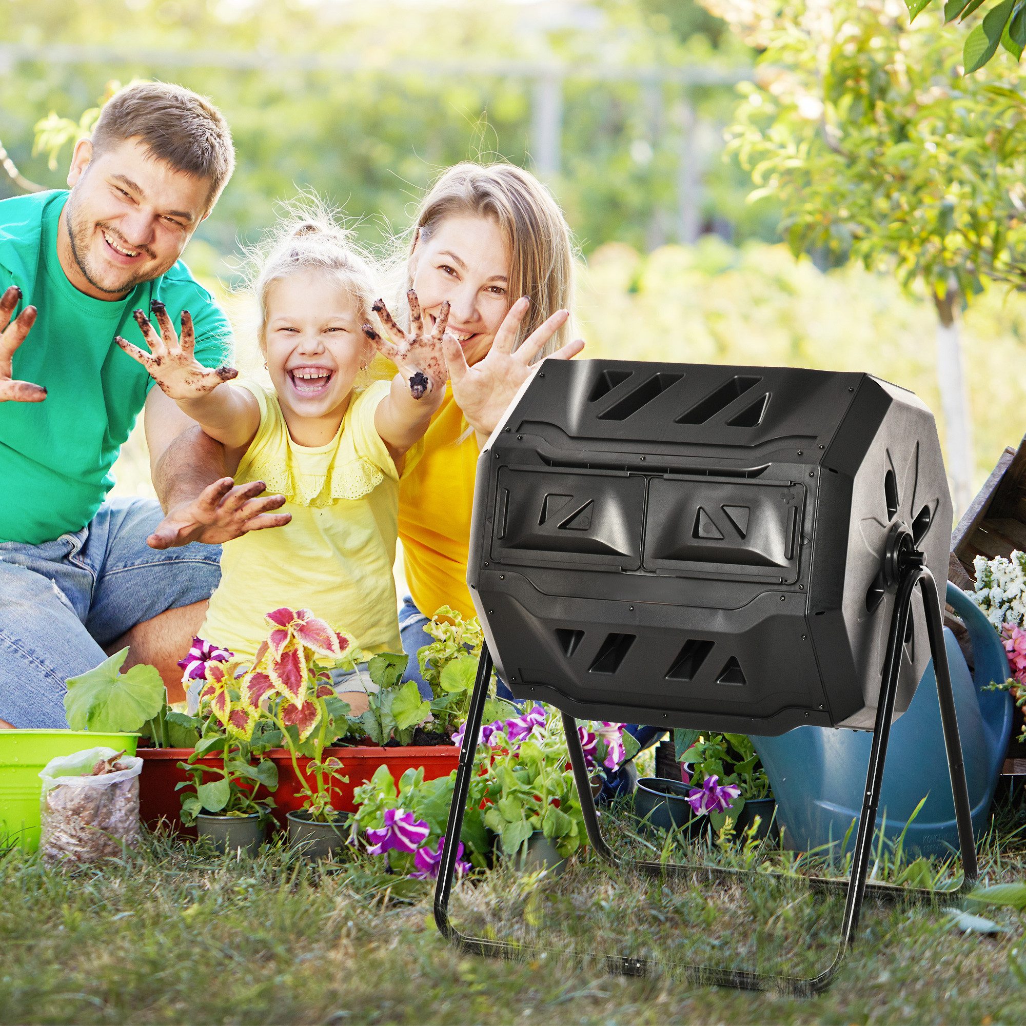 Outsunny Komposter Drehbarer Schnellkomposter, Thermokomposter mit 2 Kammer, BxTxH: 71x64x96 cm, 160 l, (Gartenkomposter, 1 St., Trommel-Komposter), für Garten, Balkon, Schwarz