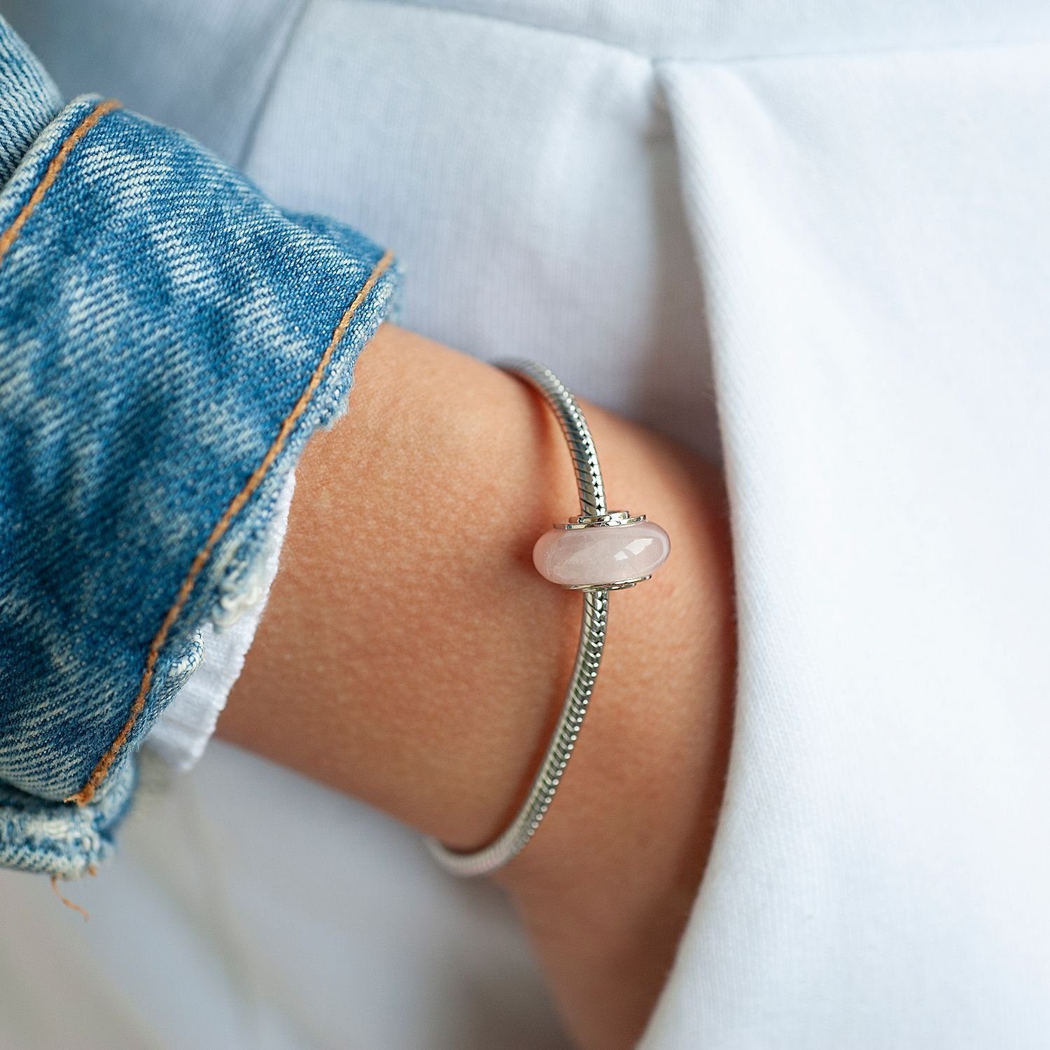 Materia Bead Naturstein Edelstein Rosenquarz Rosa Creme 303, Hülse aus 925 Sterling Silber