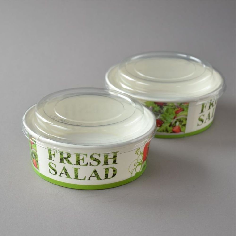 300 Stück Bowls ml, Deckel, Cups Salad Paper mit Salatbox "Salat-Motiv", rund, 550 Einwegschale Salatschalen Pappsalatschale