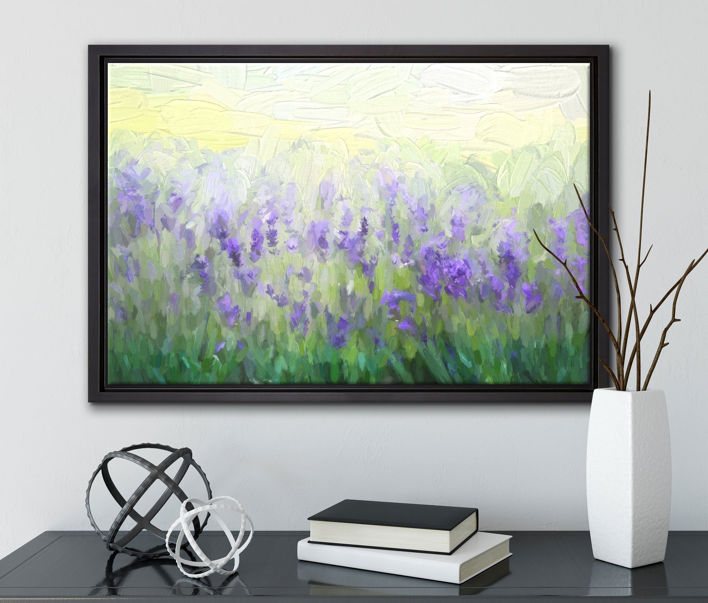 Lavendelfeld, einem Wanddekoration (1 inkl. Schattenfugen-Bilderrahmen Leinwandbild bespannt, Wunderschönes Zackenaufhänger St), Leinwandbild gefasst, in Pixxprint fertig