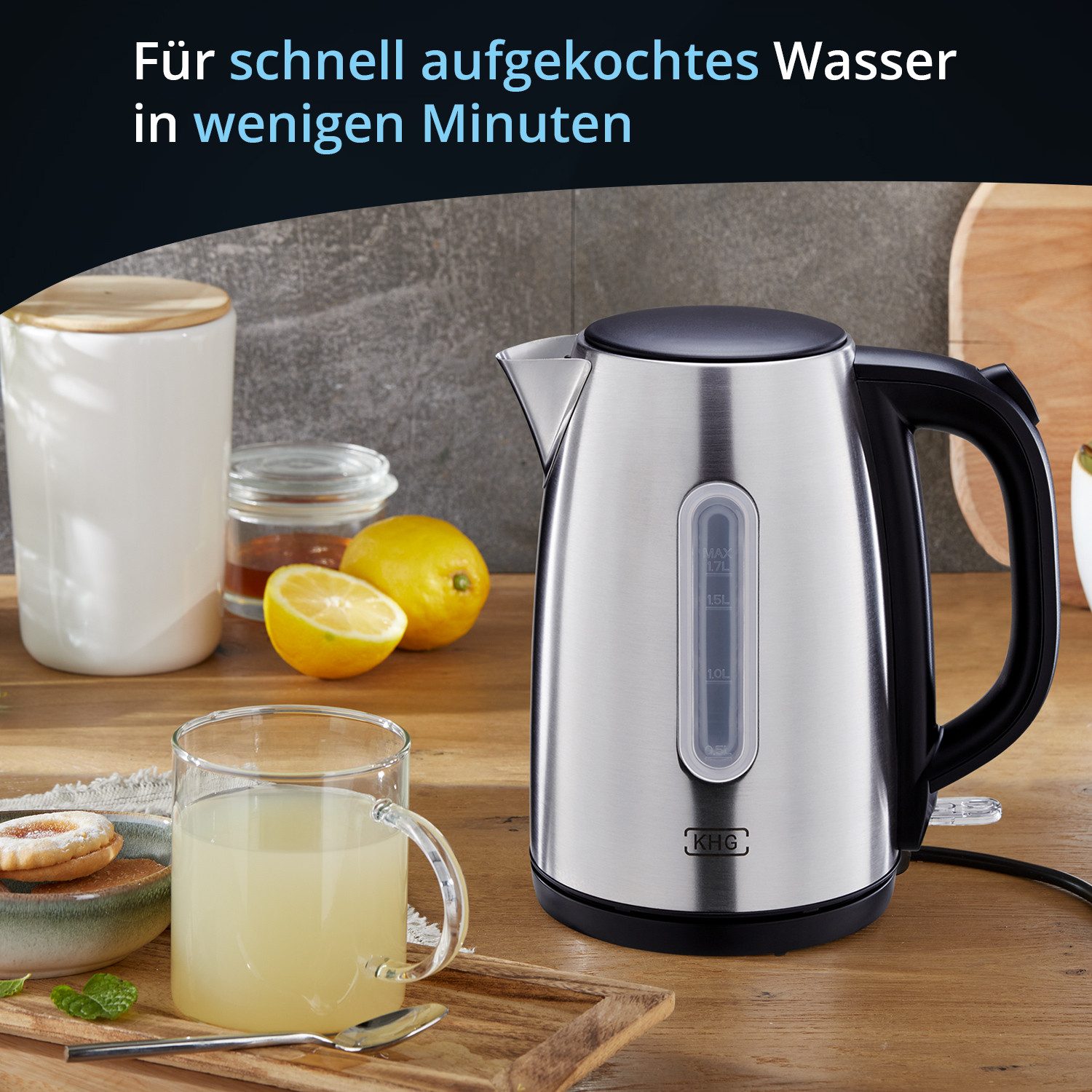 KHG Wasserkocher WK-172 ESS aus Edelstahl, 1,7 Liter Fassvermögen, Abschaltautomatik