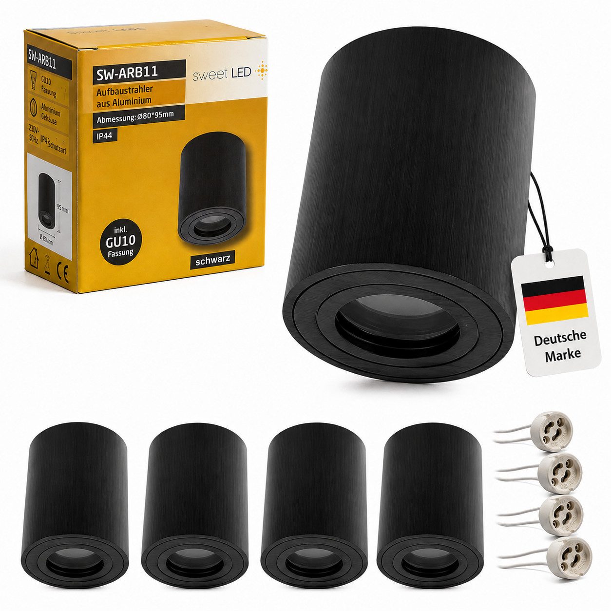 Sweet LED Aufbauleuchte IP44 230V Schwarz GU10 Aufbauspots Bad Rund Deckenstrahler Ø80mm, ohne Leuchtmittel, Aufbaustrahler LED, Aufbauspot, Deckenstrahler