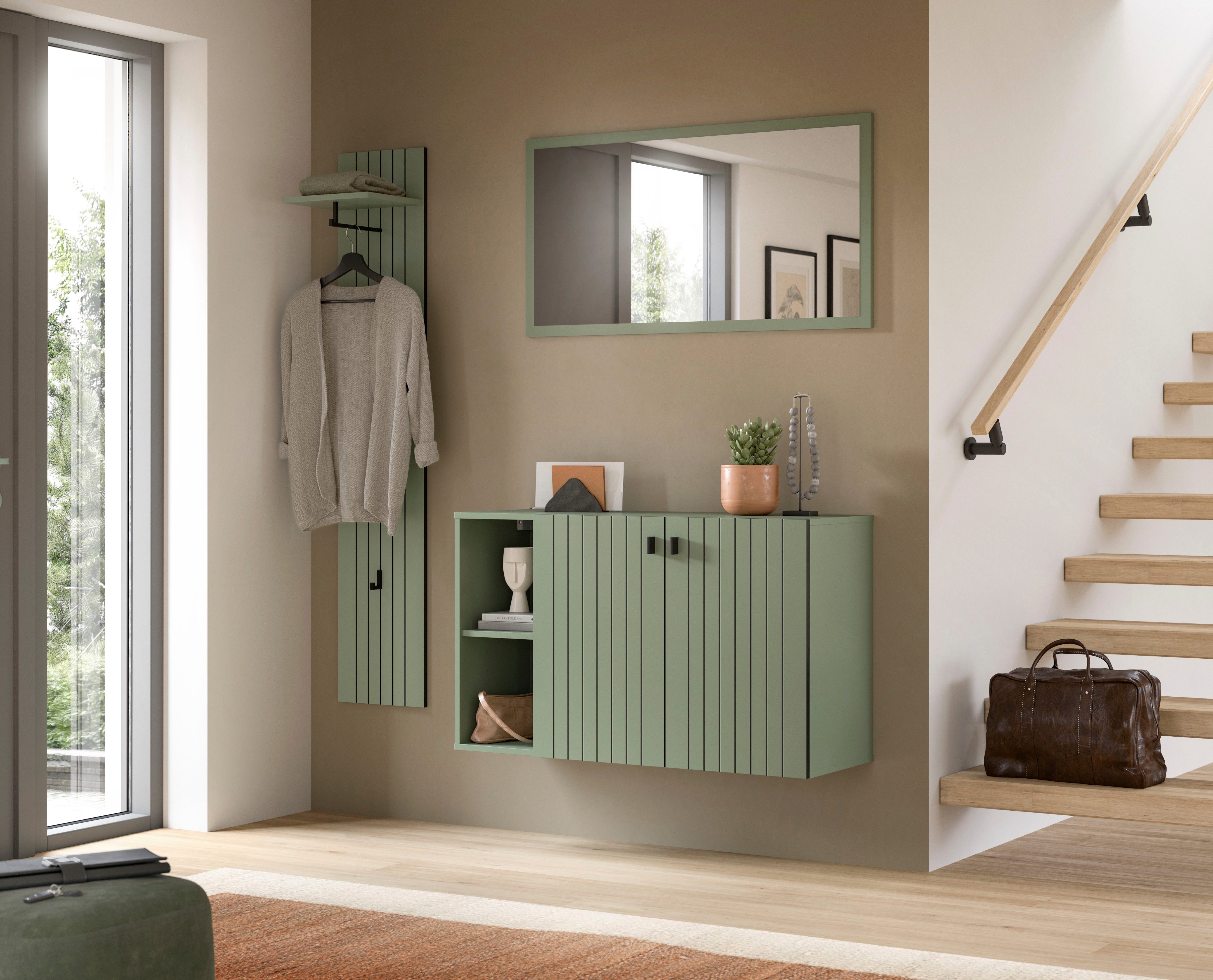 Home affaire Garderoben-Set TATIO, 3-tlg. Garderobenkombination, Breite: 152 cm, Rilenfräsung, (Set, 3-St., Set, best. aus: 1 Garderobenpaneel, 1 Spiegel, 1 Schuhkommode), Garderobenkombination, Kombi, Flur-Möbel, Spiegel,Schuhkommode