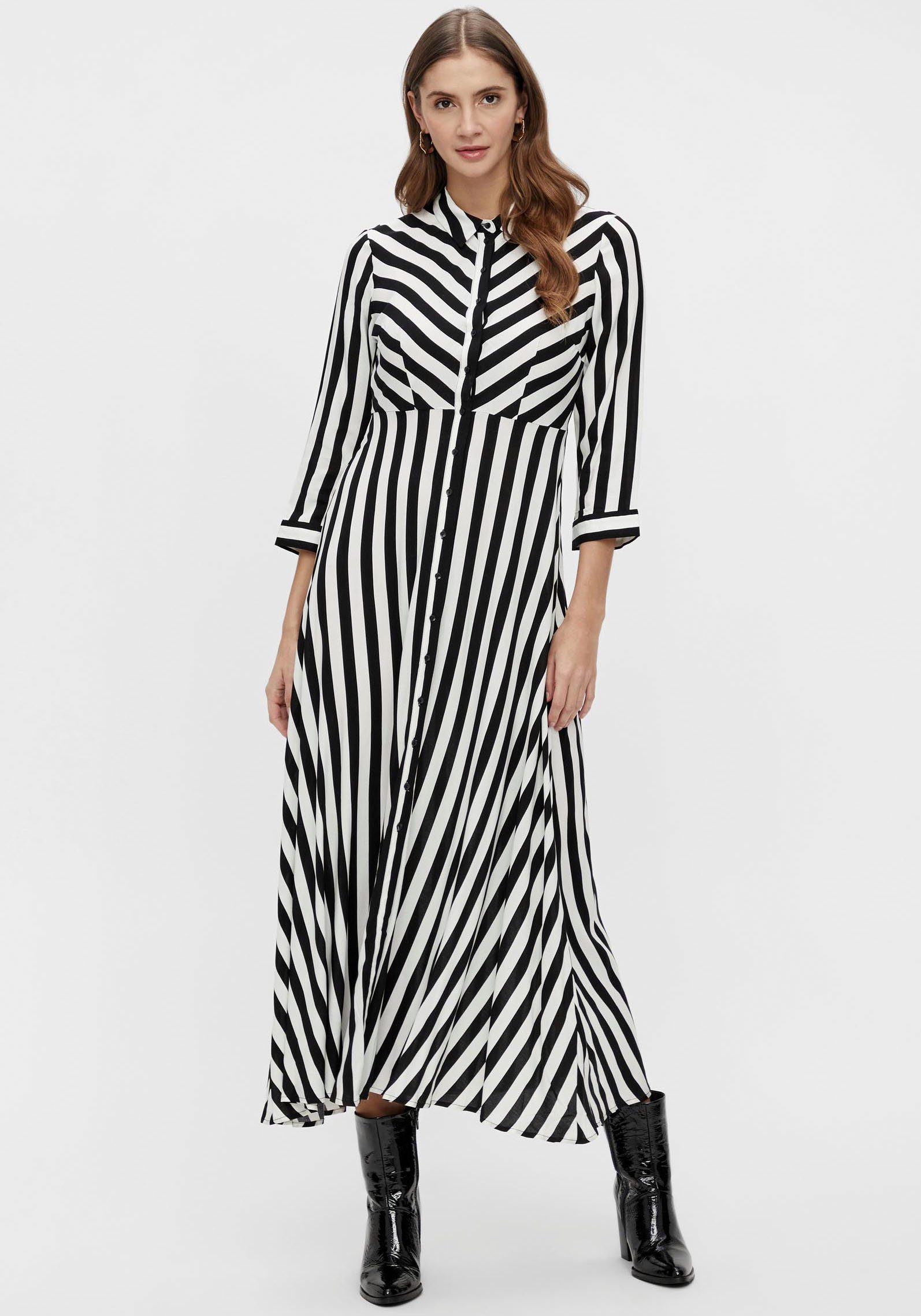 Y.A.S Hemdblusenkleid YASSAVANNA LONG SHIRT DRESS mit 3/4 Ärmel black w. white stripes