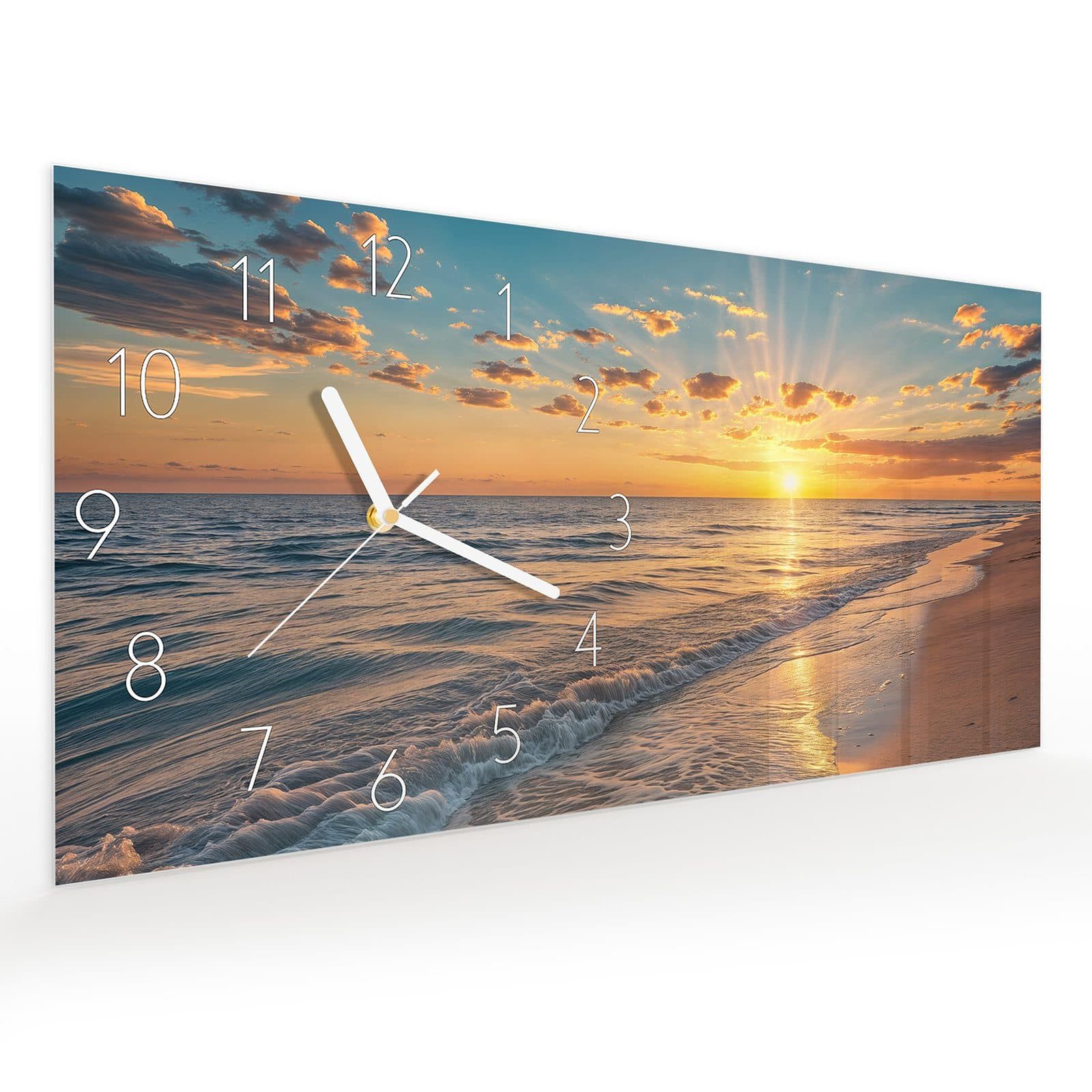 Primedeco Wanduhr Glasuhr Wandkunst Größe 60 x 30 cm mit Motiv Sonnenaufgang Meer