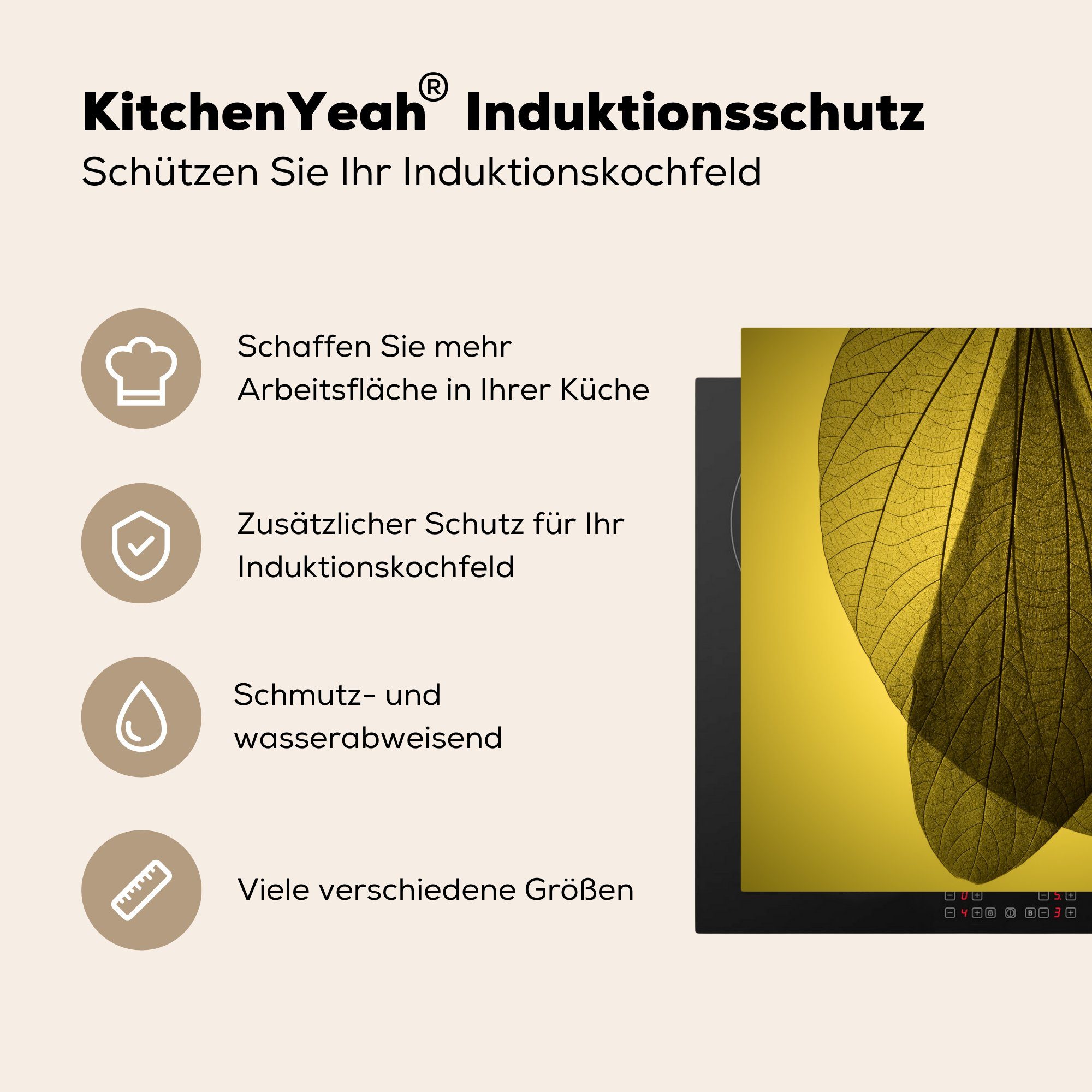cm, küche Blätter Arbeitsplatte gelbem Skelett 78x78 botanischer (1 Hintergrund, Vinyl, tlg), mehrerer auf Ceranfeldabdeckung, Herdblende-/Abdeckplatte für MuchoWow