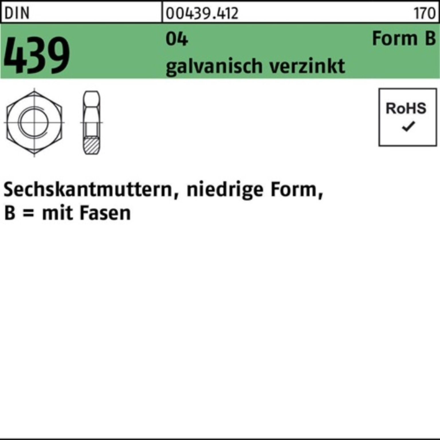 BM 439/ISO Sechskantmutter FormB Pack Muttern Reyher 100er DIN Automatenstahl 4035 24