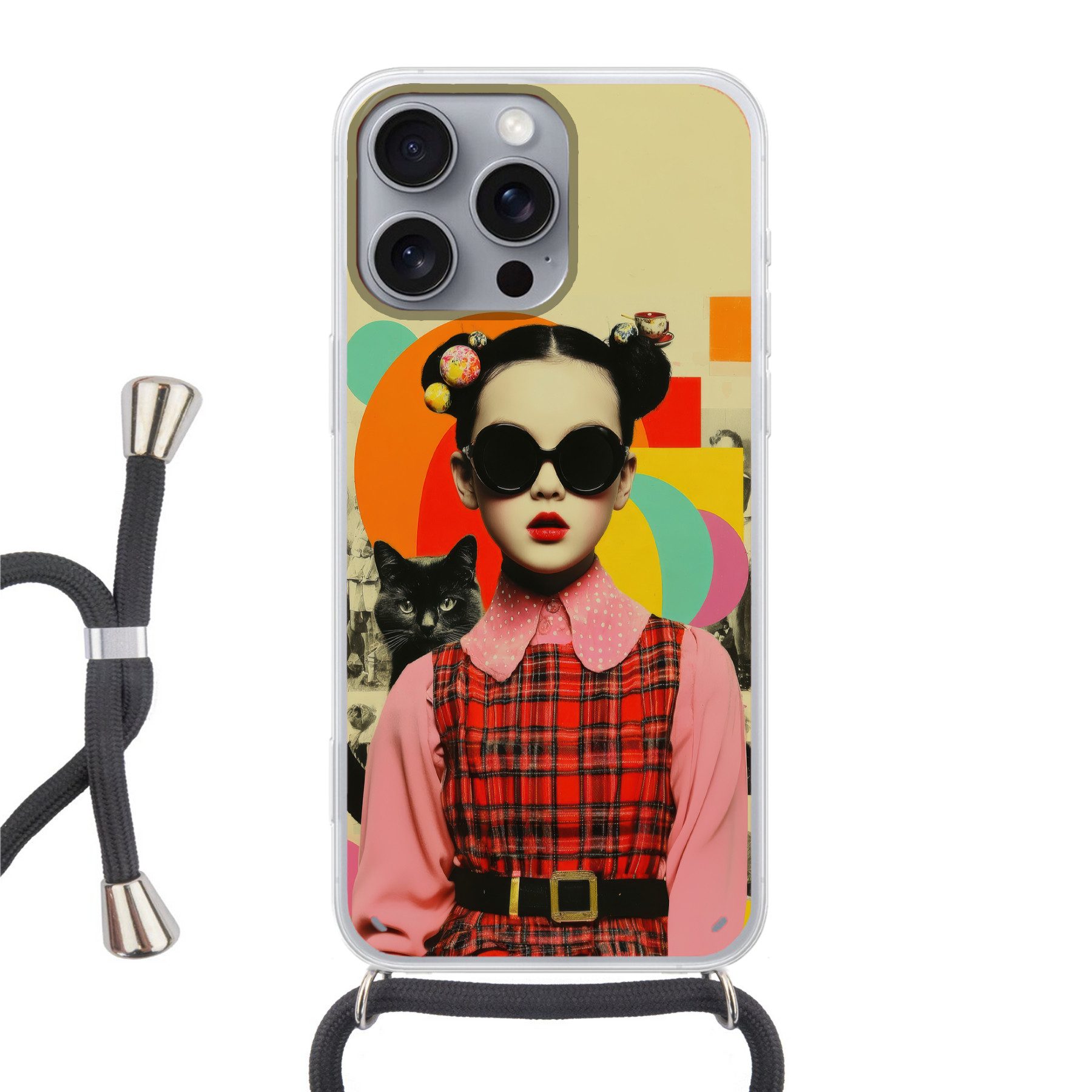 MuchoWow Handyhülle für Apple iPhone 16 Pro Max Mädchen - Sonnenbrille - Katze - Retro, Tragbare Handyhüllen mit Kette zum umhängen, Handykette Handyband