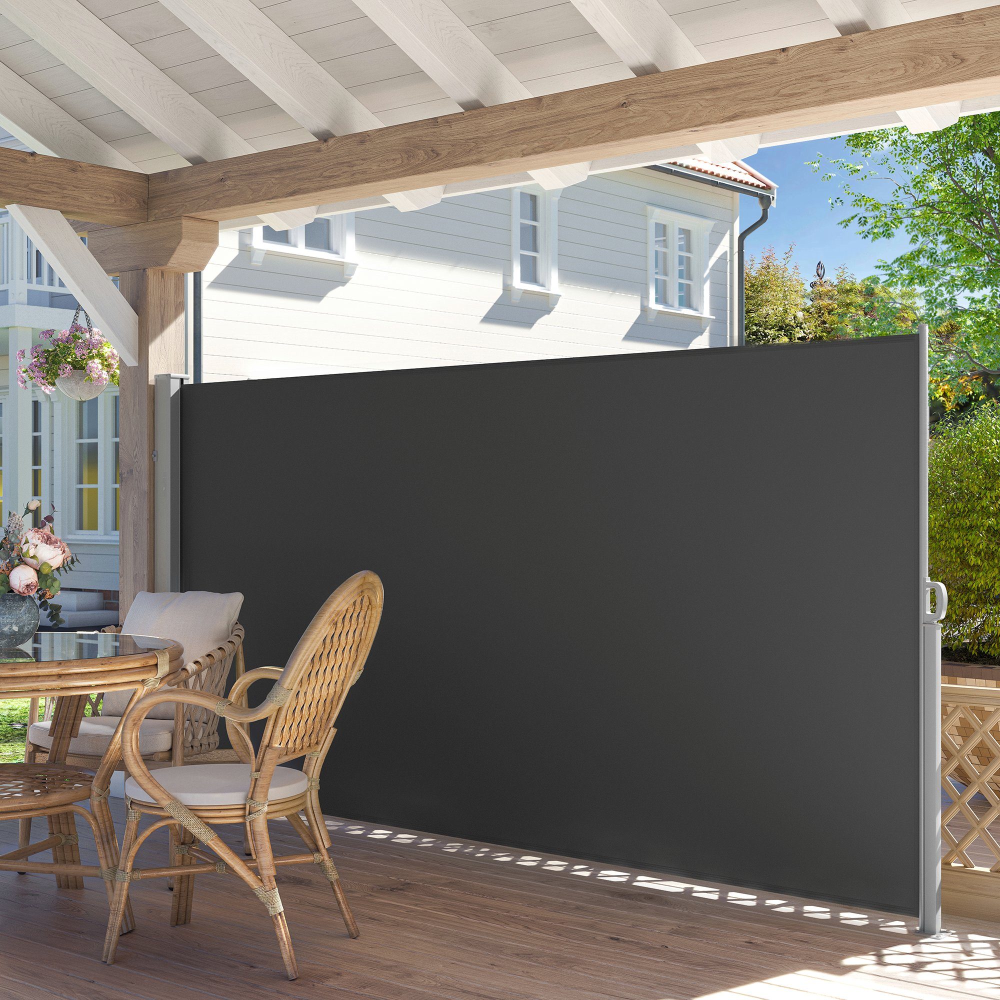 SONGMICS Seitenmarkise ausziehbar, Sichtschutz, balkon terrasse, Windschutz (Sonnenschutz, inkl. Zubehörpaket & Anleitung) Balkon, mitgelieferte Bodenhalterung