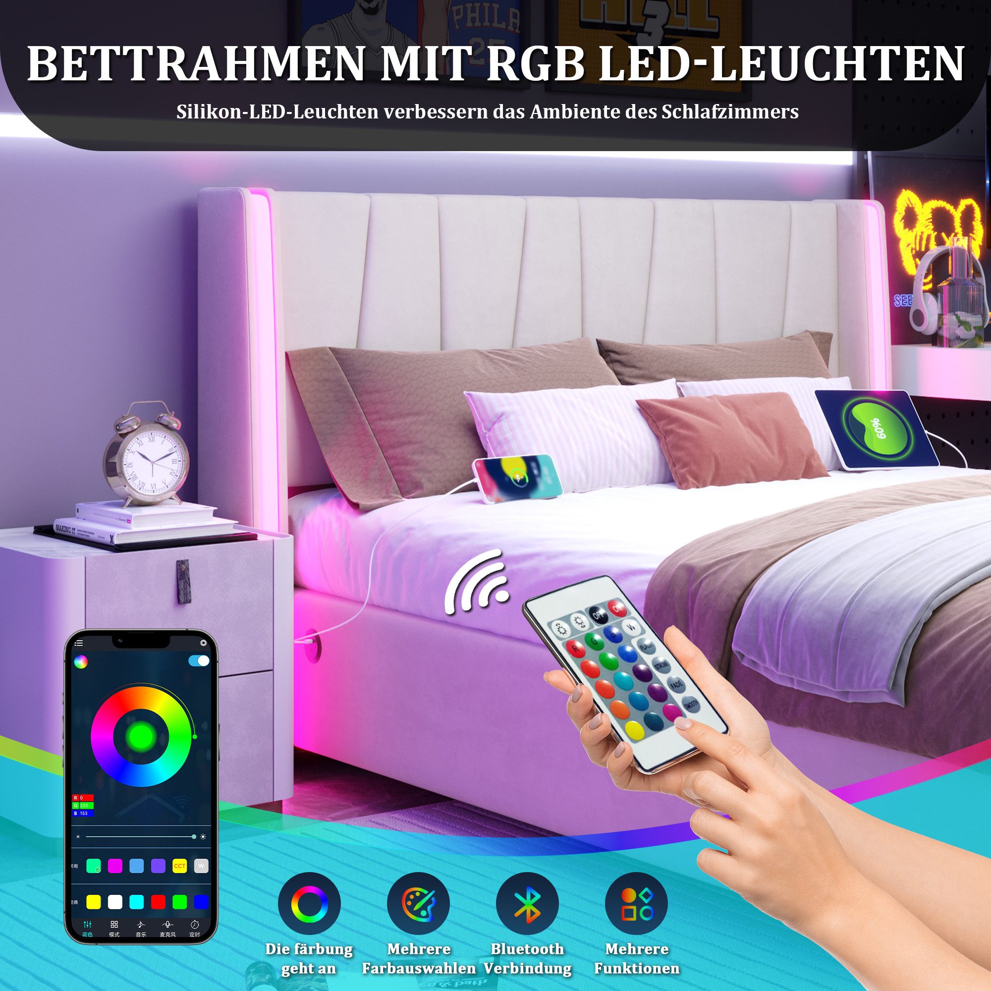 STILVORA Polsterbett Funktionsbett 160x200 mit USB-Anschlüsse,Doppelbett günstig online kaufen