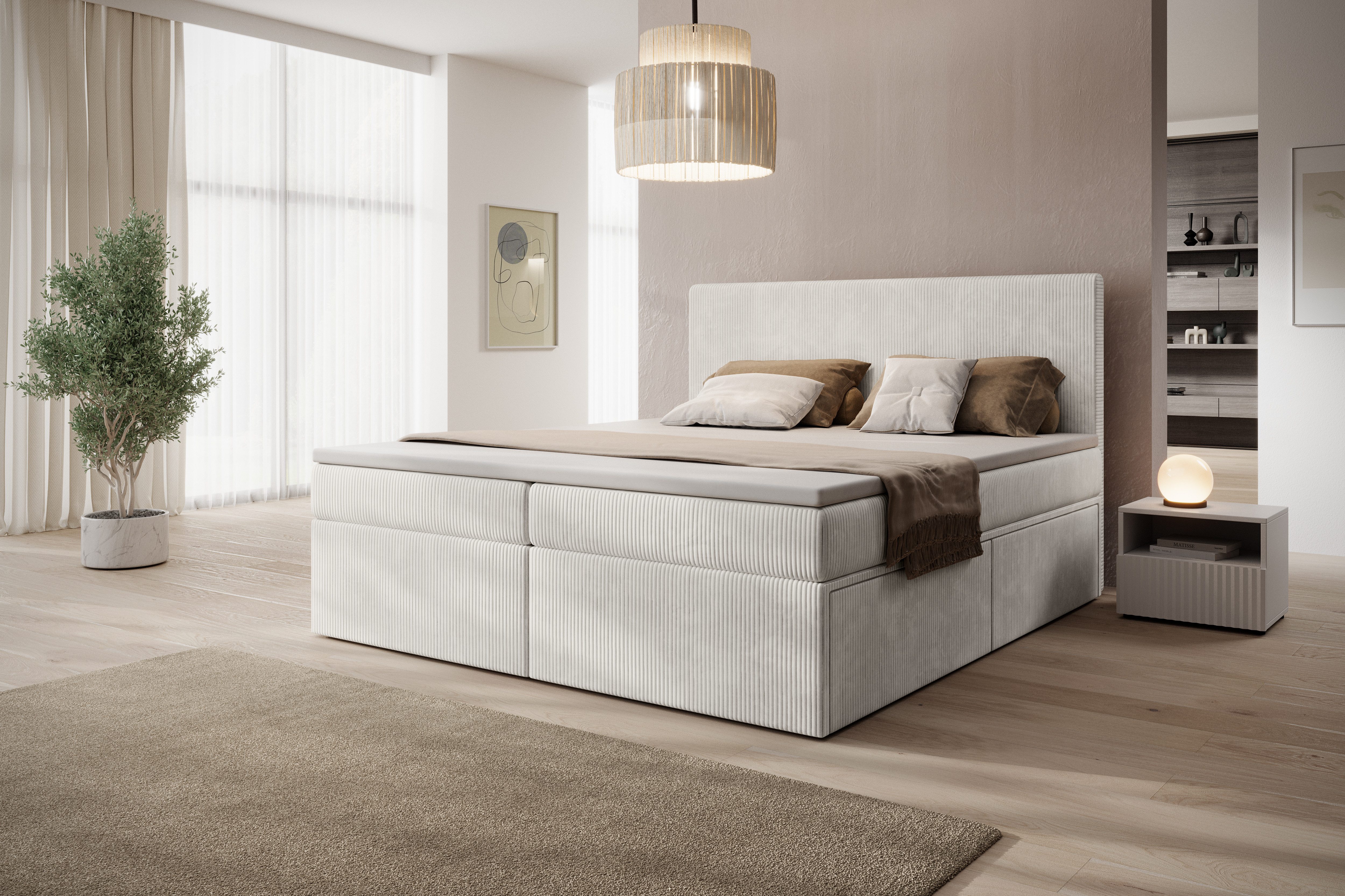 PROMETO Möbel Boxspringbett Doppelbett mit 4 Schubladen, Topper, Kopfteil 180x200cm POSO-Cordstoff, inkl. Taschenfederkern-Matratze (7-Zonen)