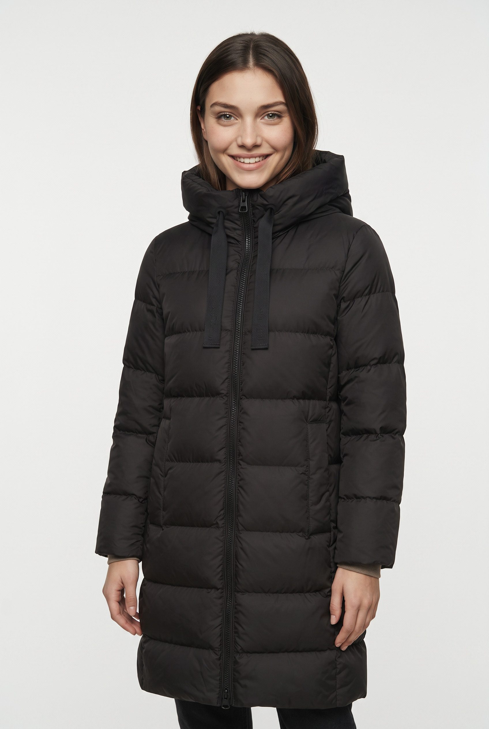 Marc O'Polo Daunenmantel mit 2-Way-Zipper, großer Kapuze und Label-Band