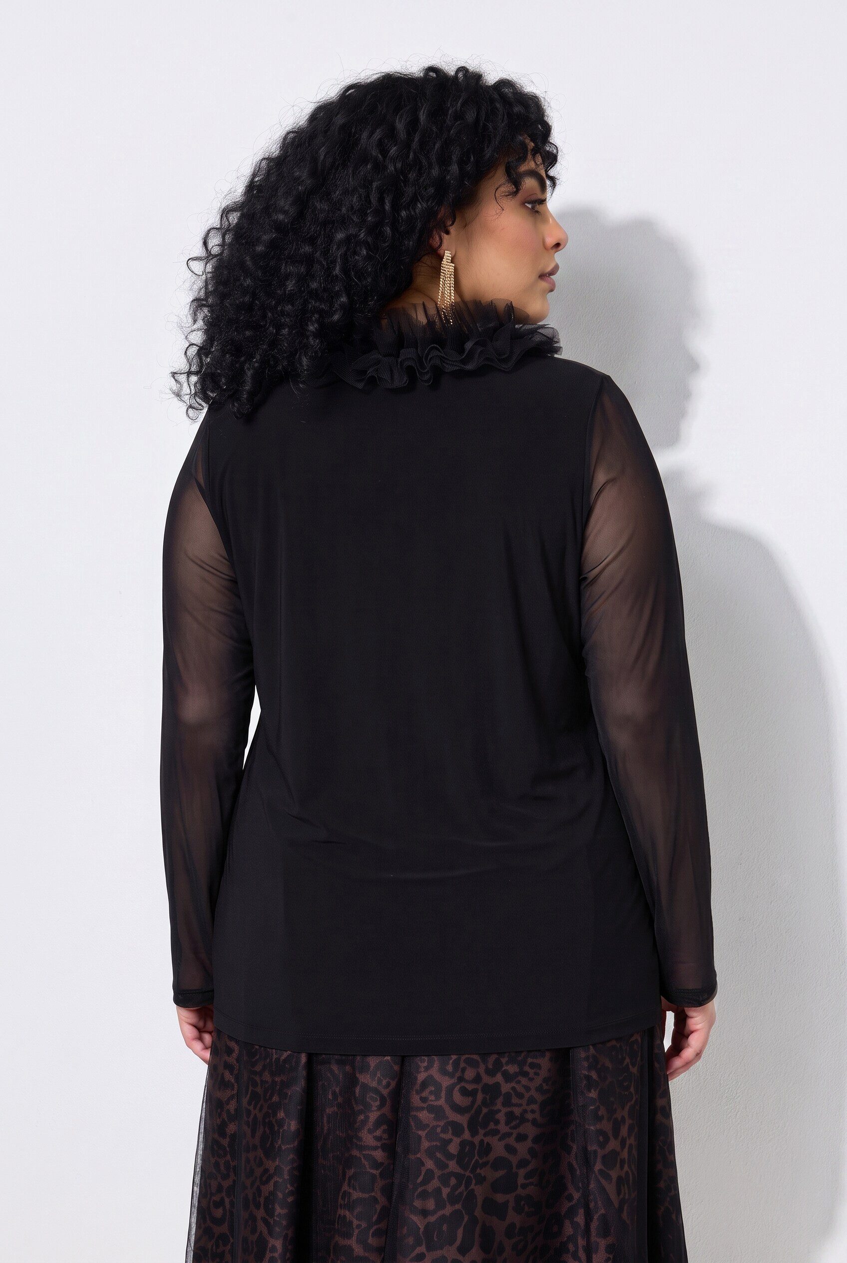 Ulla Popken Longsleeve Shirt Tüll-Rüsche Classic V-Ausschnitt Langarm – Bild 3 von 4