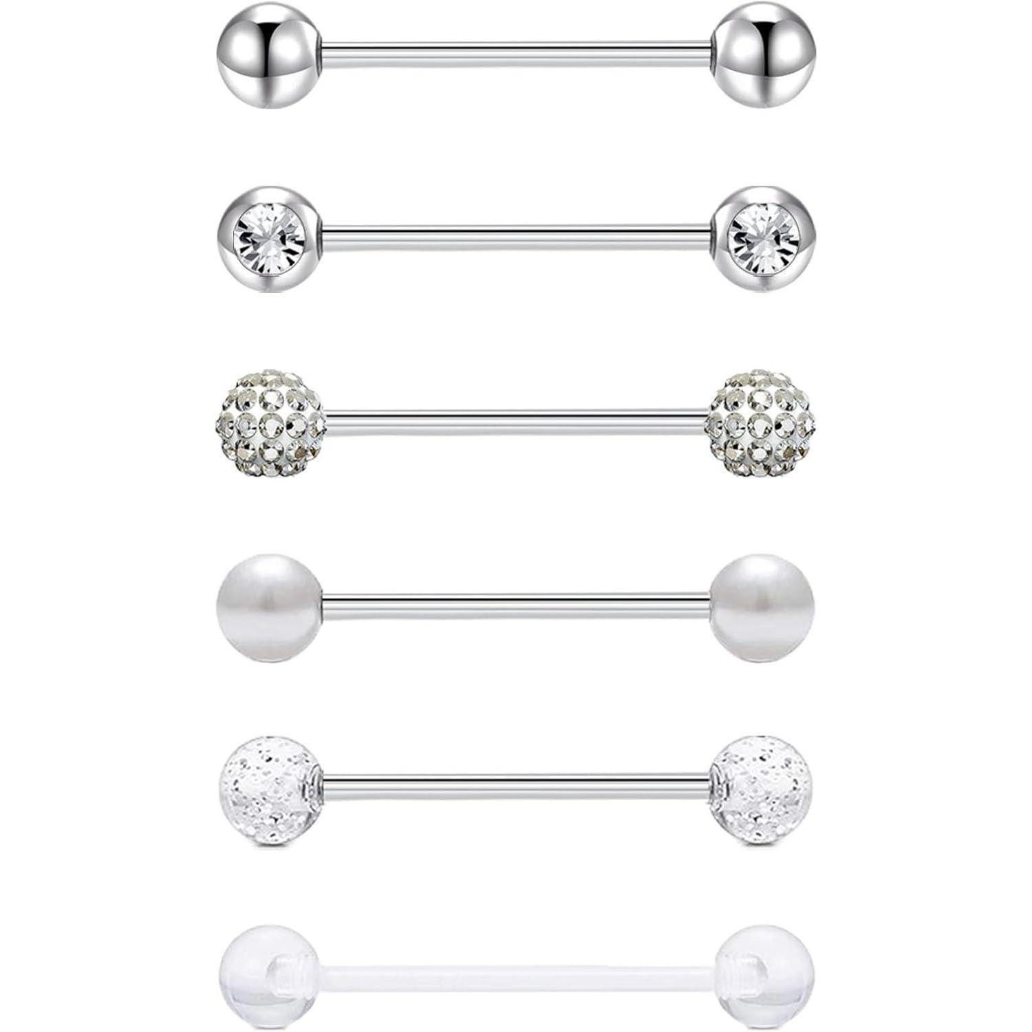 Gojewen Piercing-Set 6er Zungenpiercing Chirurgenstahl 16mm Stablänge 14G Kugeln Silber