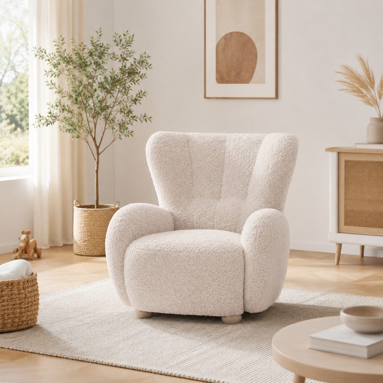 Goldstoff Sessel HUGSY Relaxsessel Boucle mit hoher Rückenlehne – Skandi & Boho Stil (Einzelsessel, Loungesessel), mit Relaxfunktion