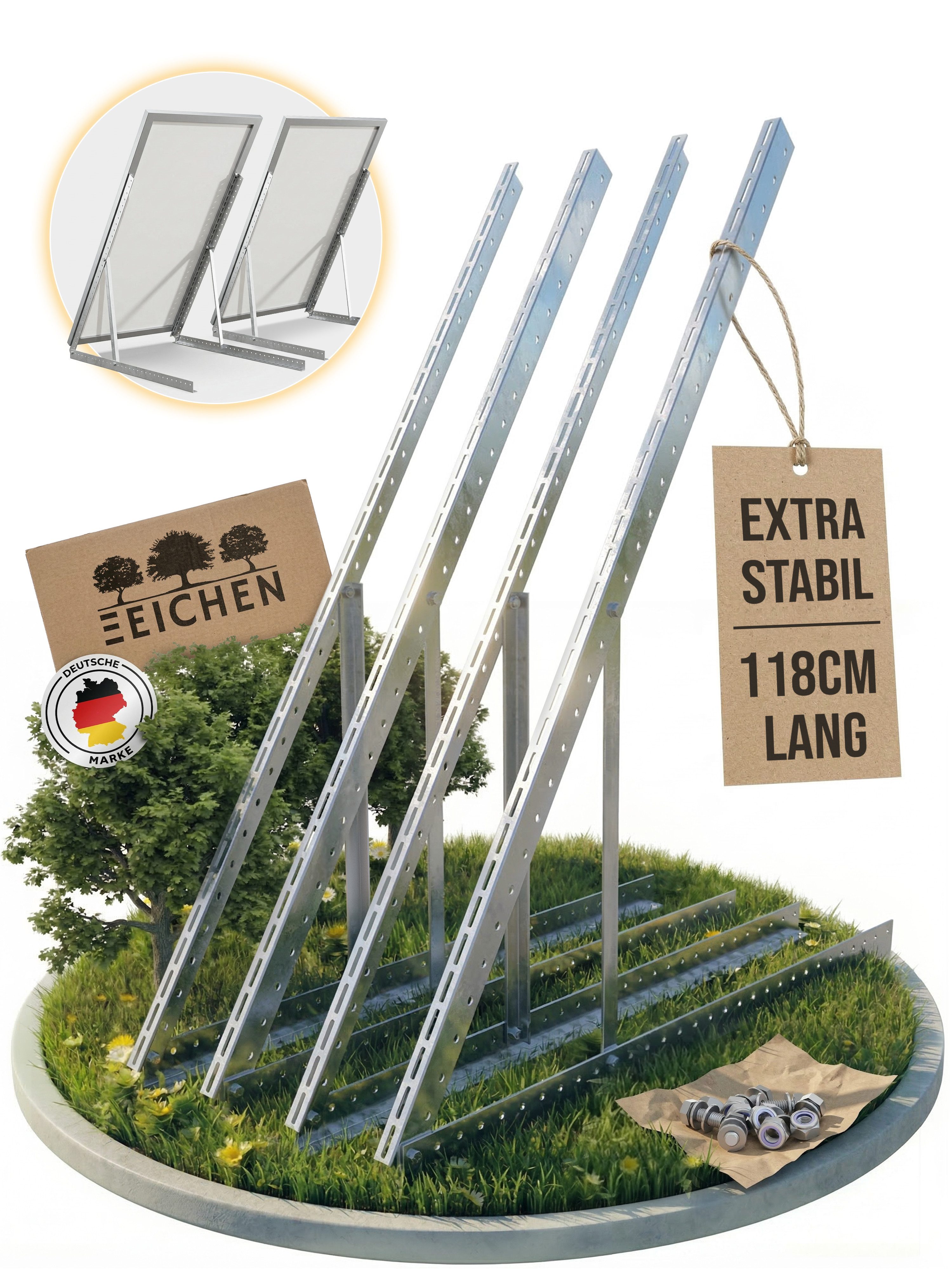 Drei Eichen Solarmodul-Halterung Balkonkraftwerk 118cm 3mm Stark. 2x Solarmodule. Wand Balkon Flachdach, (Für 2 Stück Photovoltaikmodule, Länge 118cm - Stärke 3mm, witterungsbeständiges stabiles Aluminium, Edelstahlschrauben)
