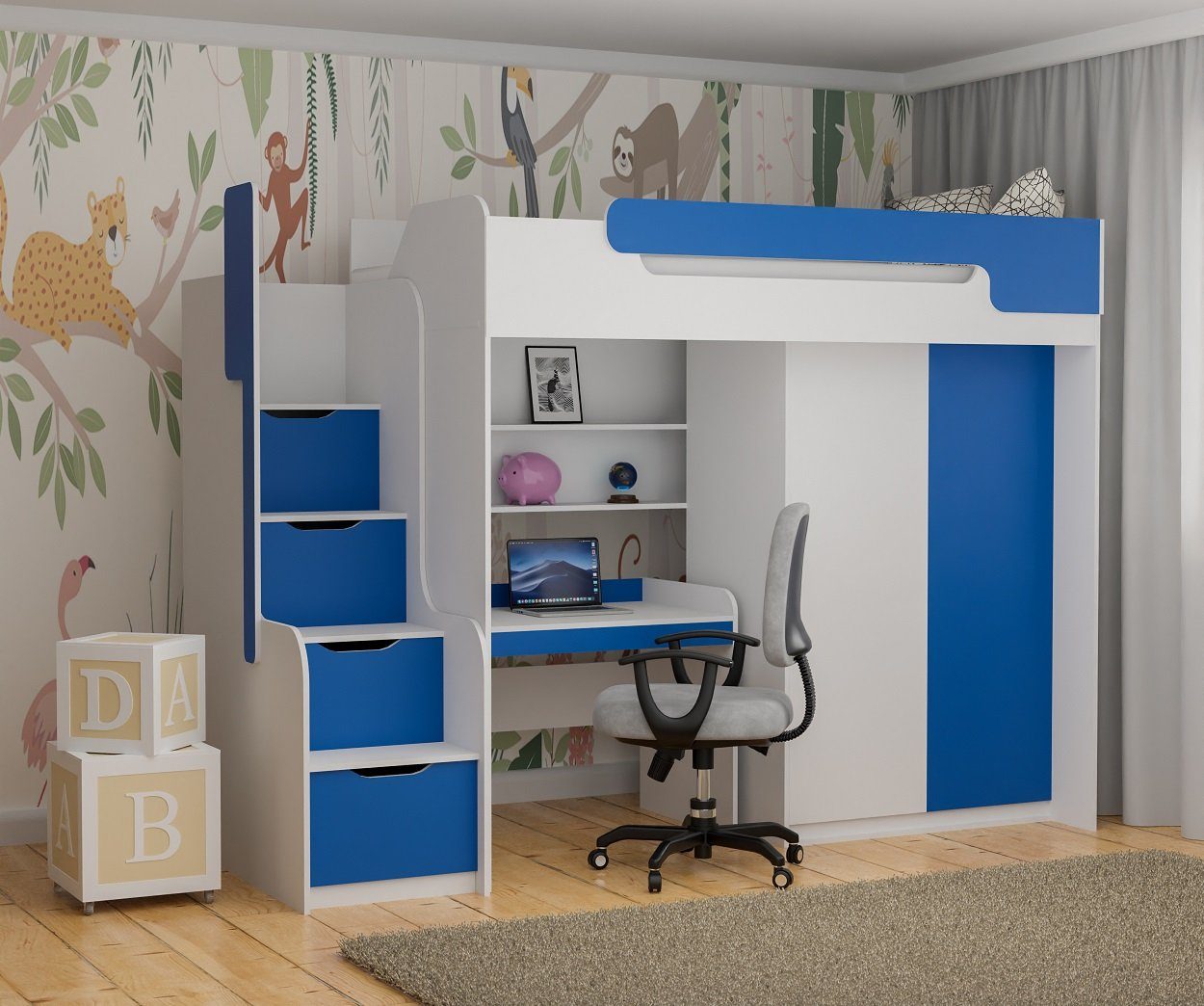 Möbel-Zeit Hochbett Hochbett DORIAN mit Schreibtisch und Schrank blau