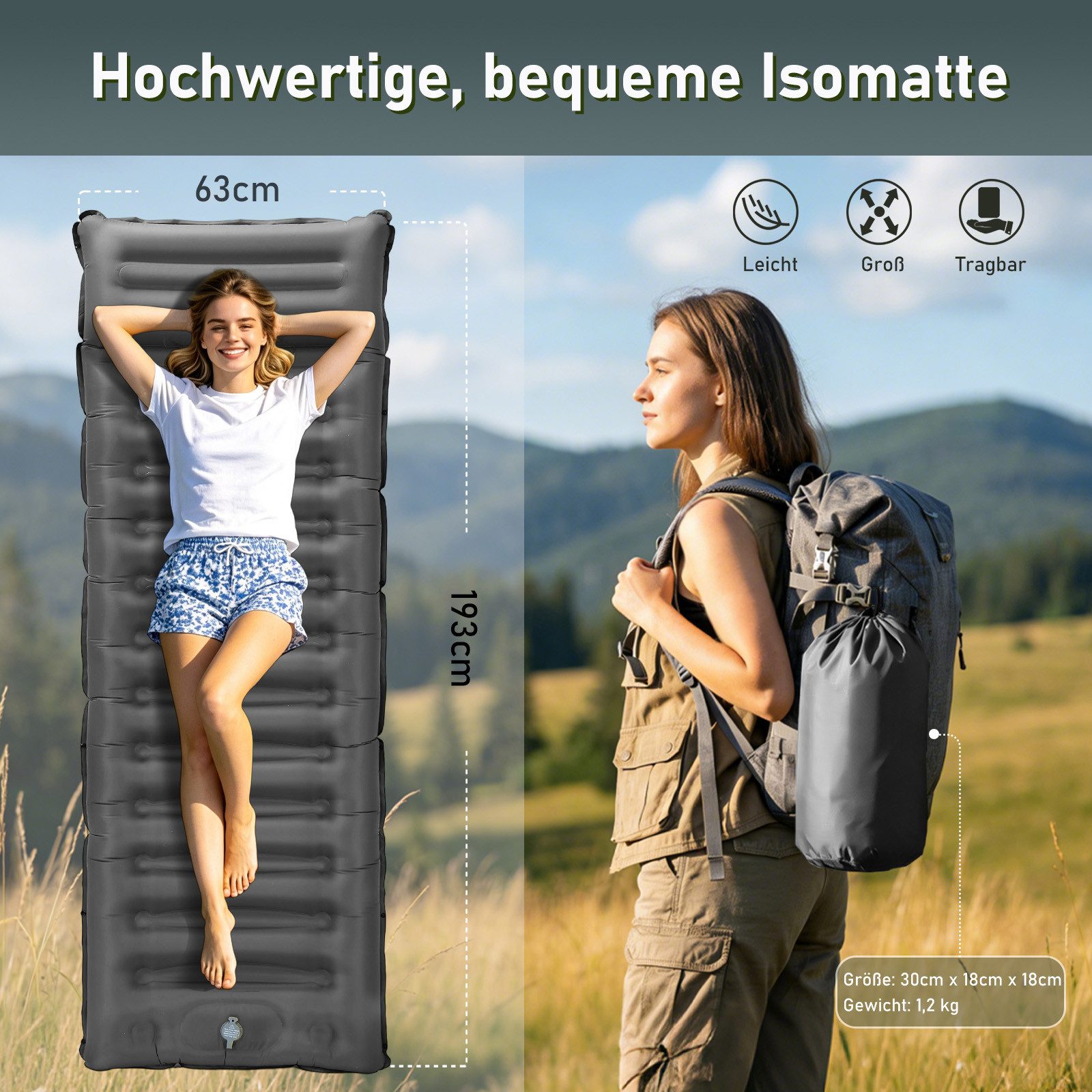 Elegear Isomatte isomatte selbstaufblasend 12/14cm Campingmatte Outdoor, 195×65/138CM, (1-tlg), mit Fußpumpe, leicht zu tragen, camping zubehör, für Wandern, Zelt