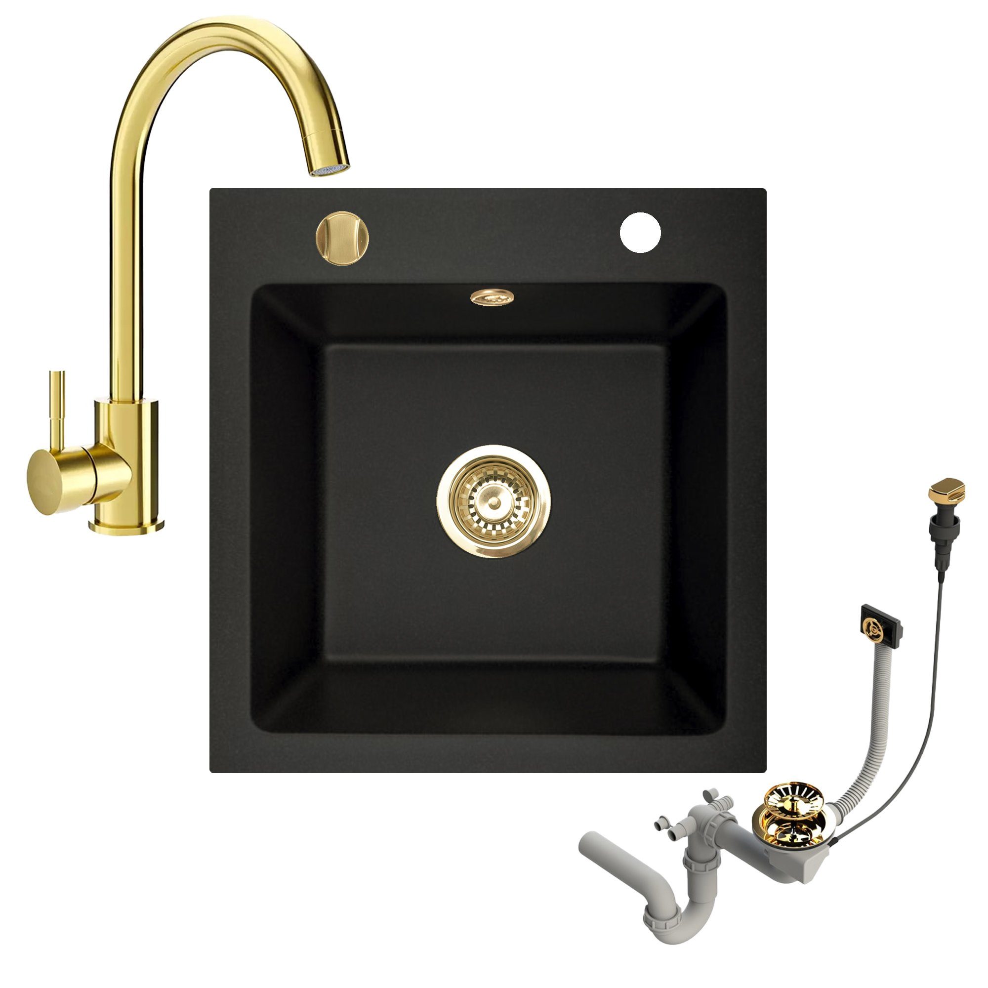 Faizee Möbel Granitspüle Granitspüle 48x50 +Armatur Gold Küchenspüle Spülbe günstig online kaufen