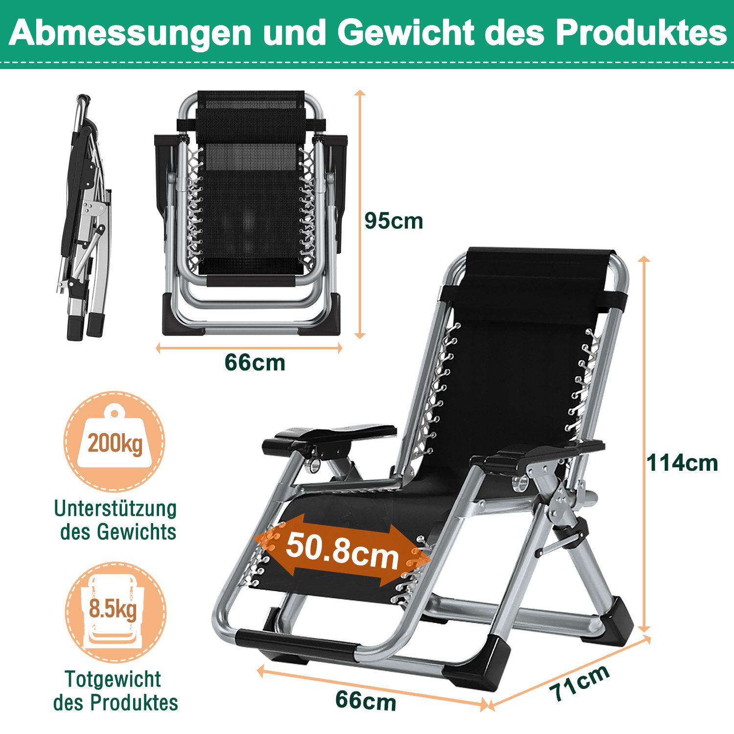 Meulbaty Klappstuhl Klappbar Gartenliege mit Polster Seitentasche, 150 kg Traglast, mit einem dickeren Rahmen und hochwertigen Materialien – Bild 3 von 5