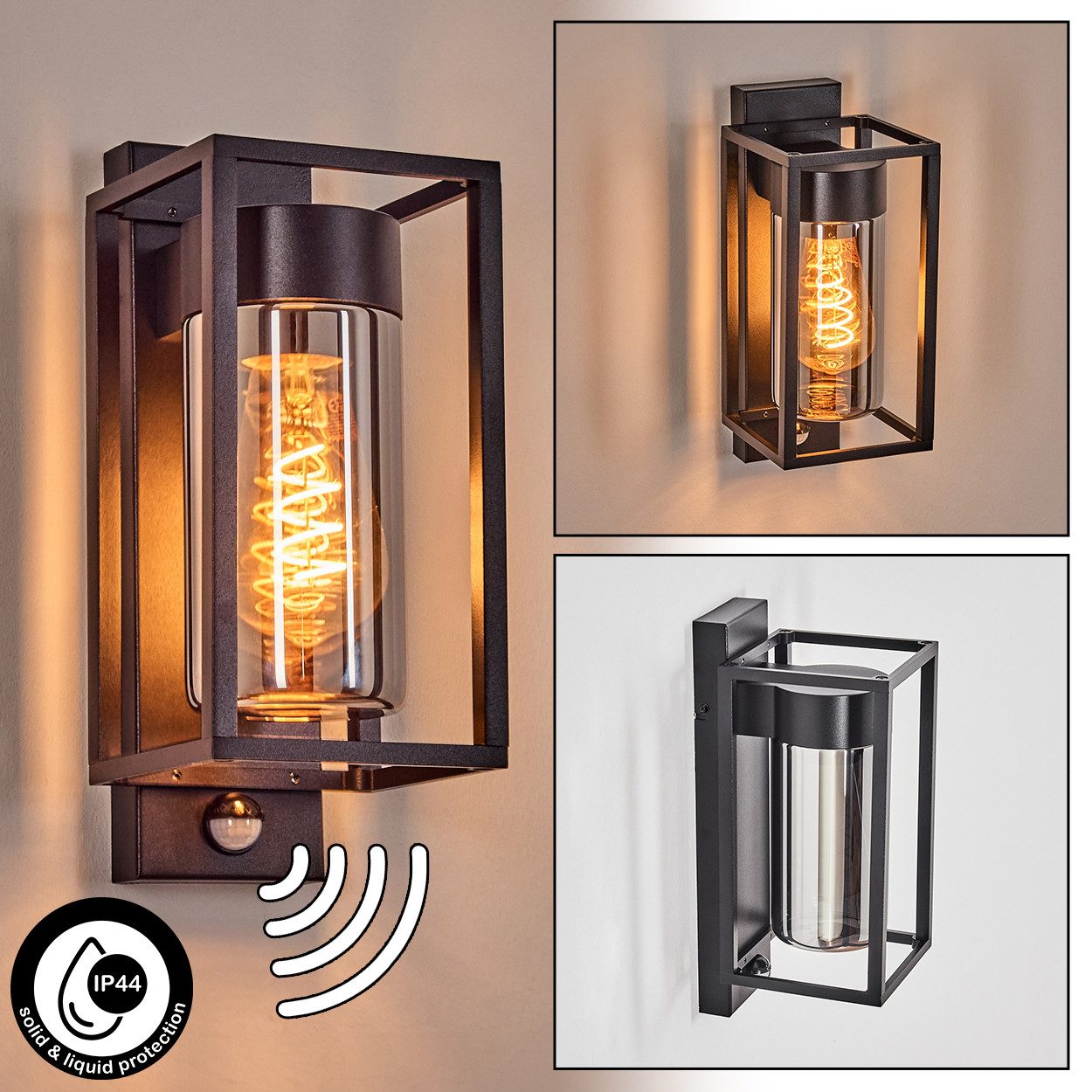hofstein Außen-Wandleuchte Außenleuchte m. Bewegungsmelder aus Metall/Glas in Schwarz/Rauchfarben, ohne Leuchtmittel, Wechselglas, moderne Wandlampe für Hof/Eingangsbereich, 1 x E27, IP44