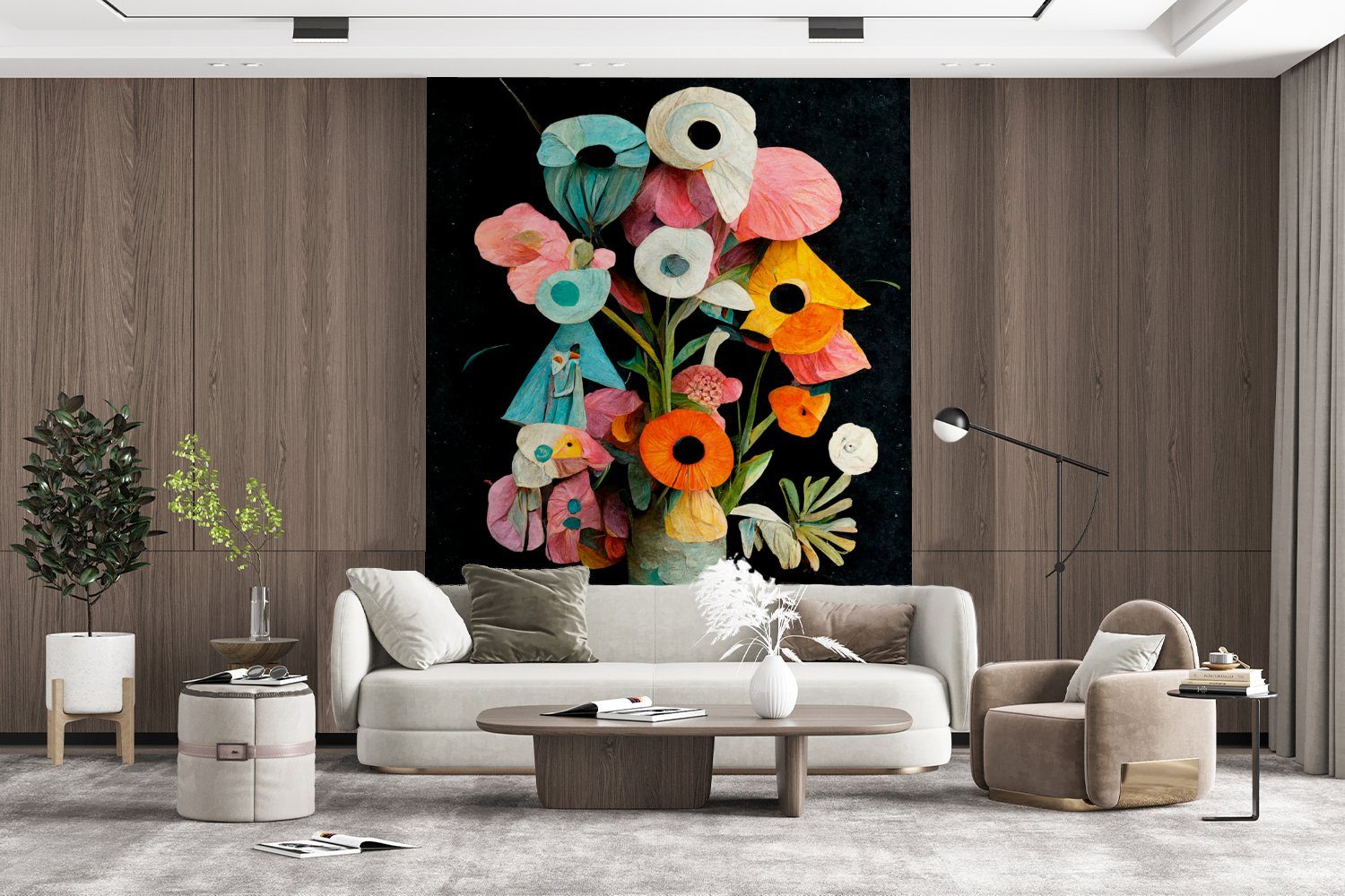 Tapete Montagefertig Blumenstrauß Vase Wandtapete Fototapete Wohnzimmer, für - Matt, St), Farben, Vinyl - (4 Blumen - bedruckt, MuchoWow